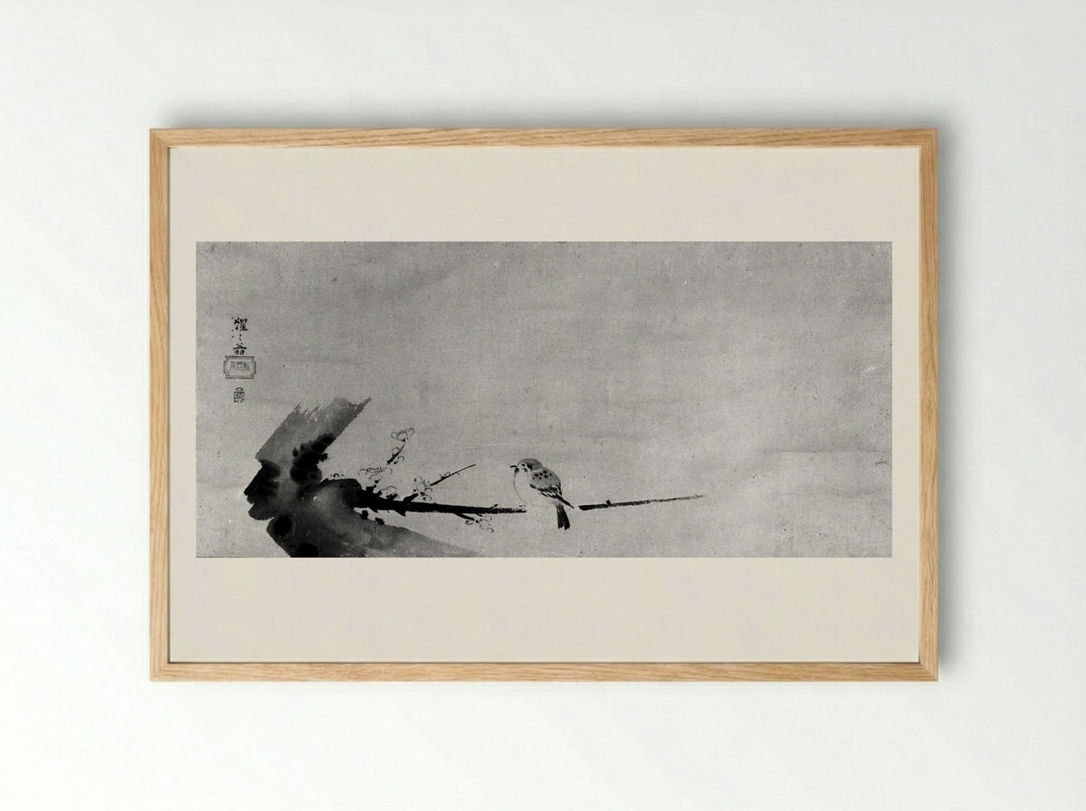 Sparrow on Plum Branch (Ume ni Suzume) - Shōkadō Shōjō - Framed Print Wood