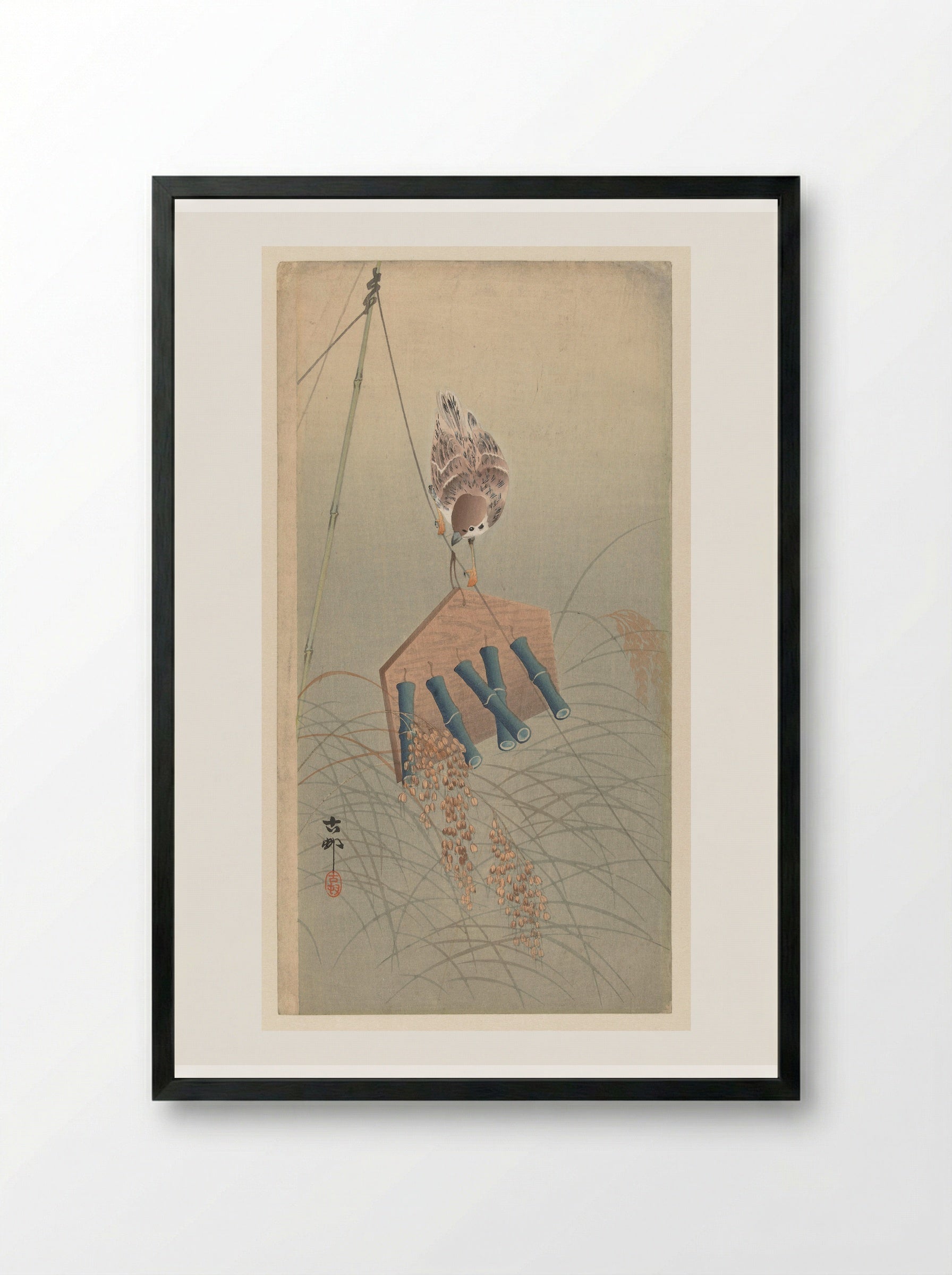 Sparrow on a Scarecrow - Matsuki Heikichi - Framed Print Black