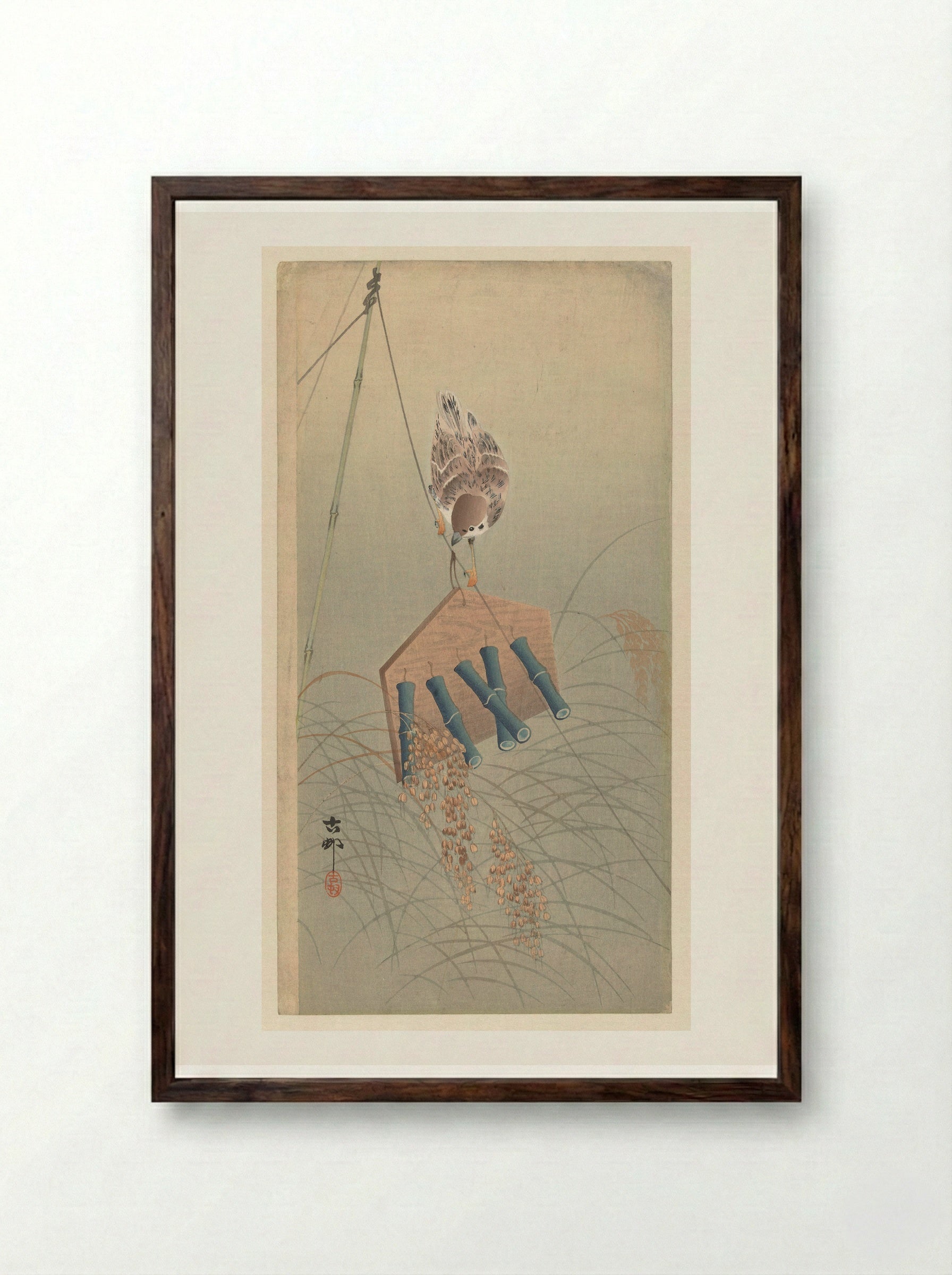 Sparrow on a Scarecrow - Matsuki Heikichi - Framed Print Dark Wood