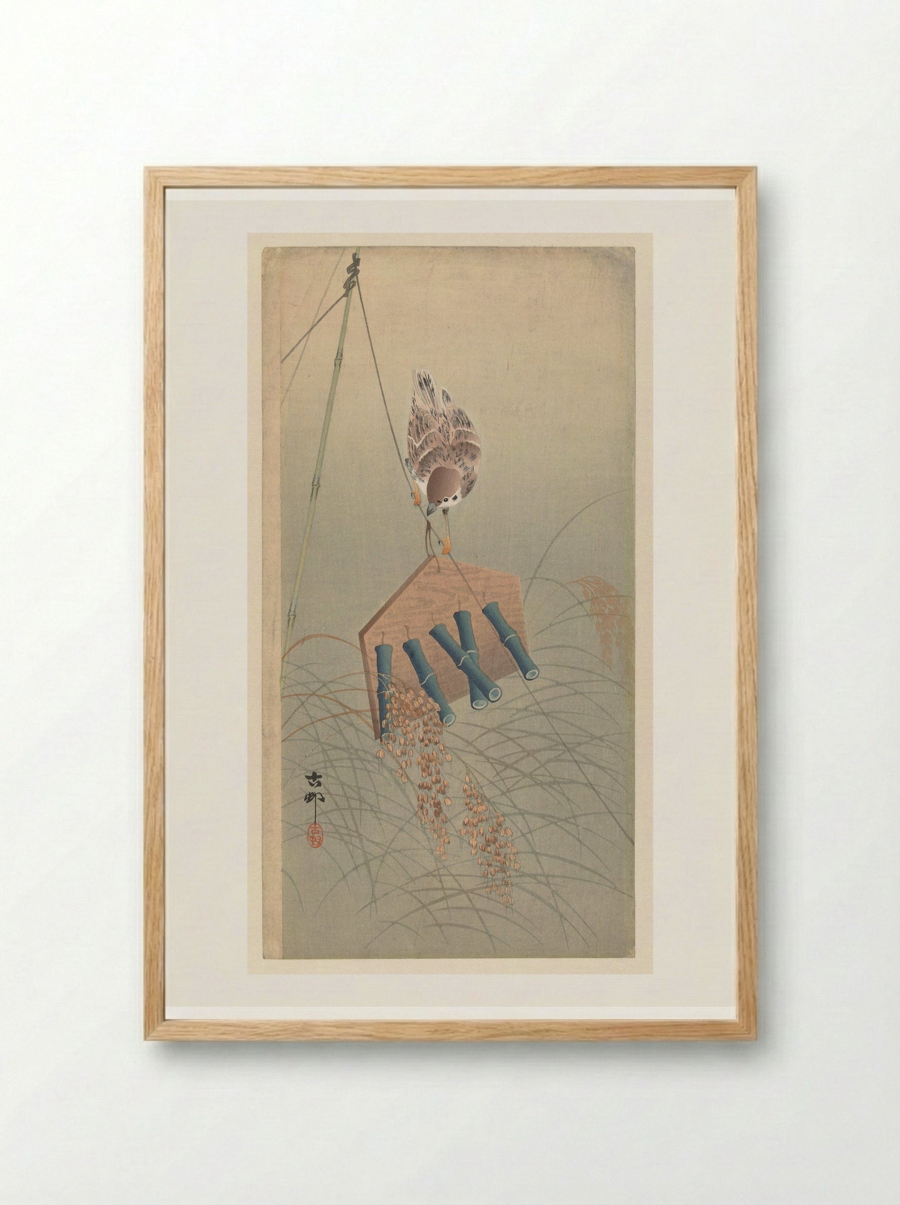 Sparrow on a Scarecrow - Matsuki Heikichi - Framed Print Wood