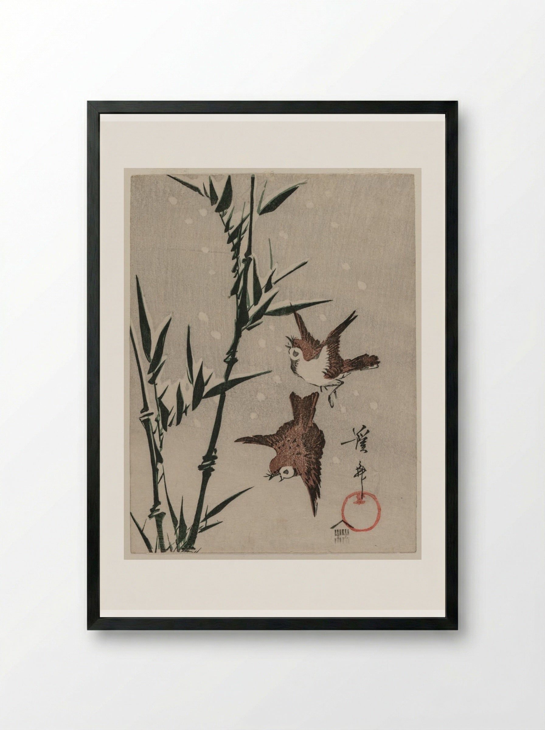 Sparrows, Bamboo and Falling Snow - Keisai Eisen - Framed Print Black