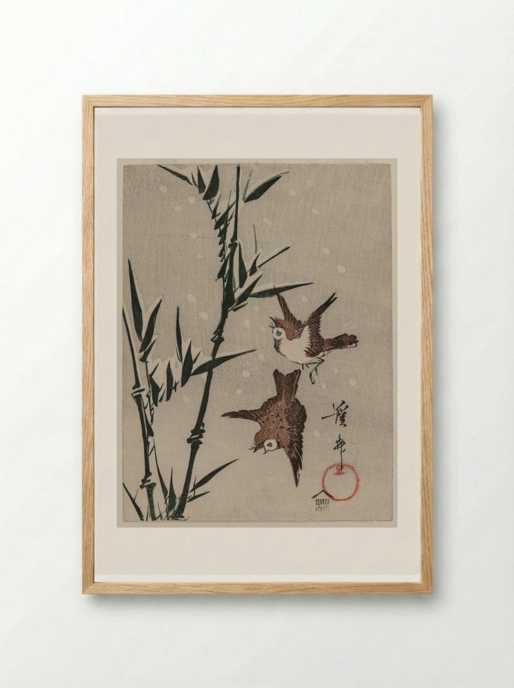 Sparrows, Bamboo and Falling Snow - Keisai Eisen - Framed Print Wood
