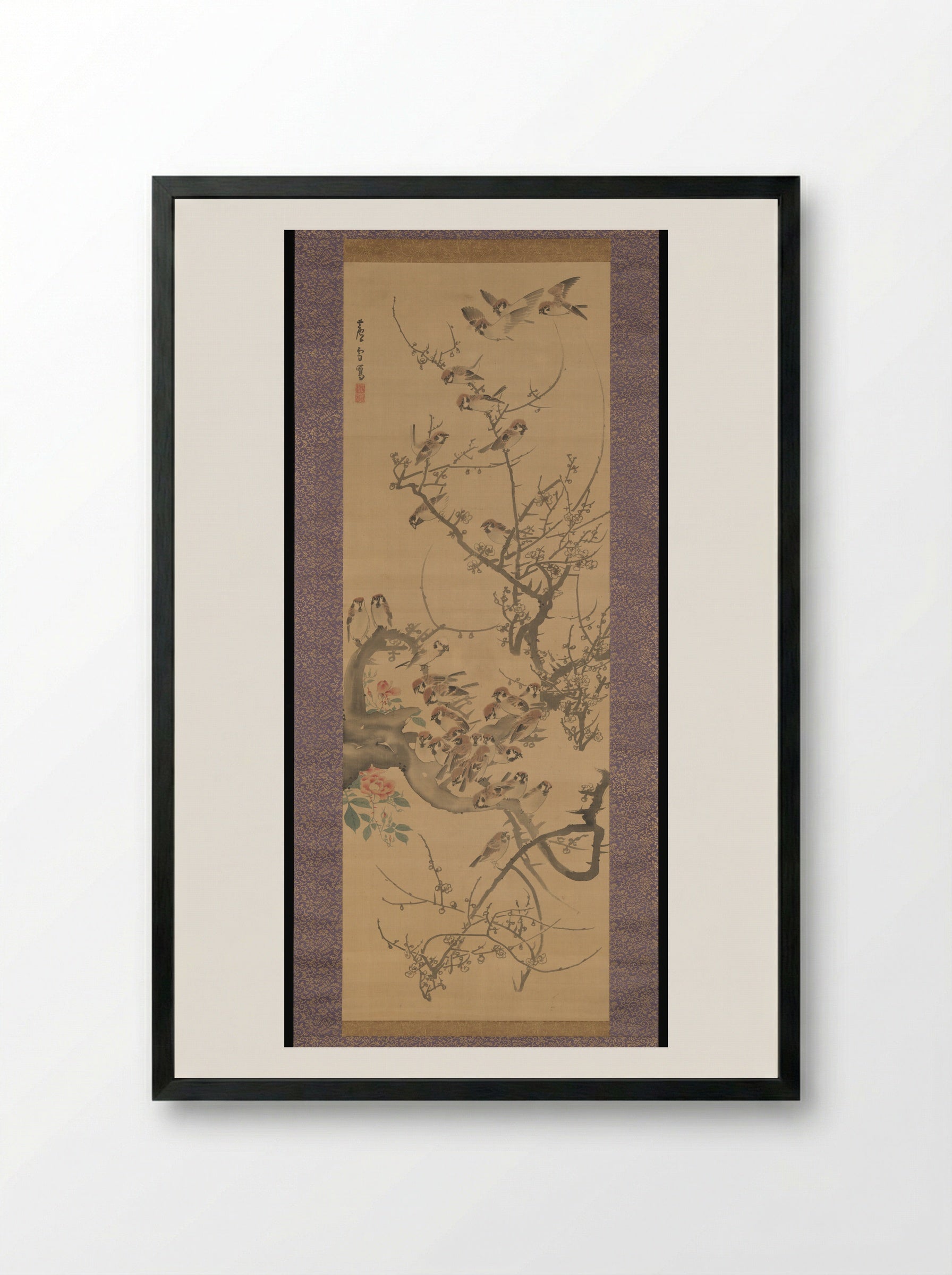 Sparrows in a Plum Tree - Nagasawa Rosetsu - Framed Print Black
