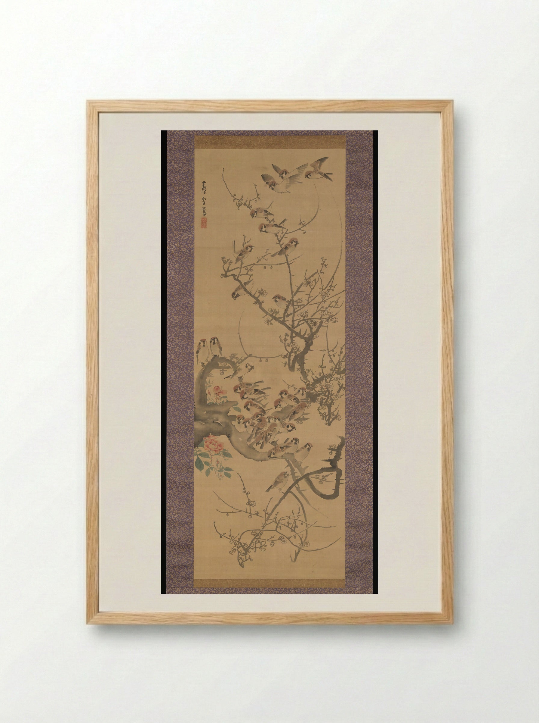Sparrows in a Plum Tree - Nagasawa Rosetsu - Framed Print Wood