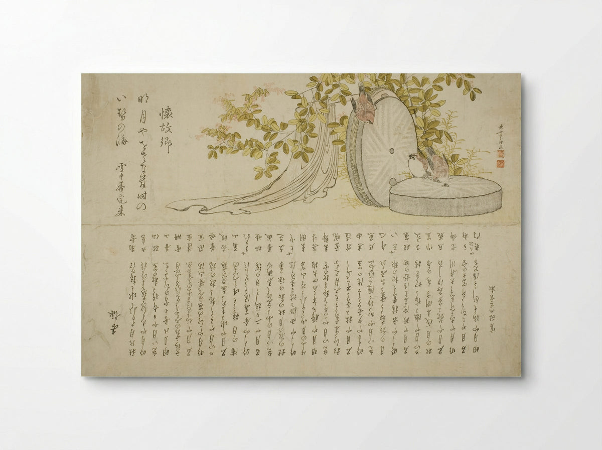 Sparrows on Millstones with Hagi Bushes - Katsushika Hokusai - Poster