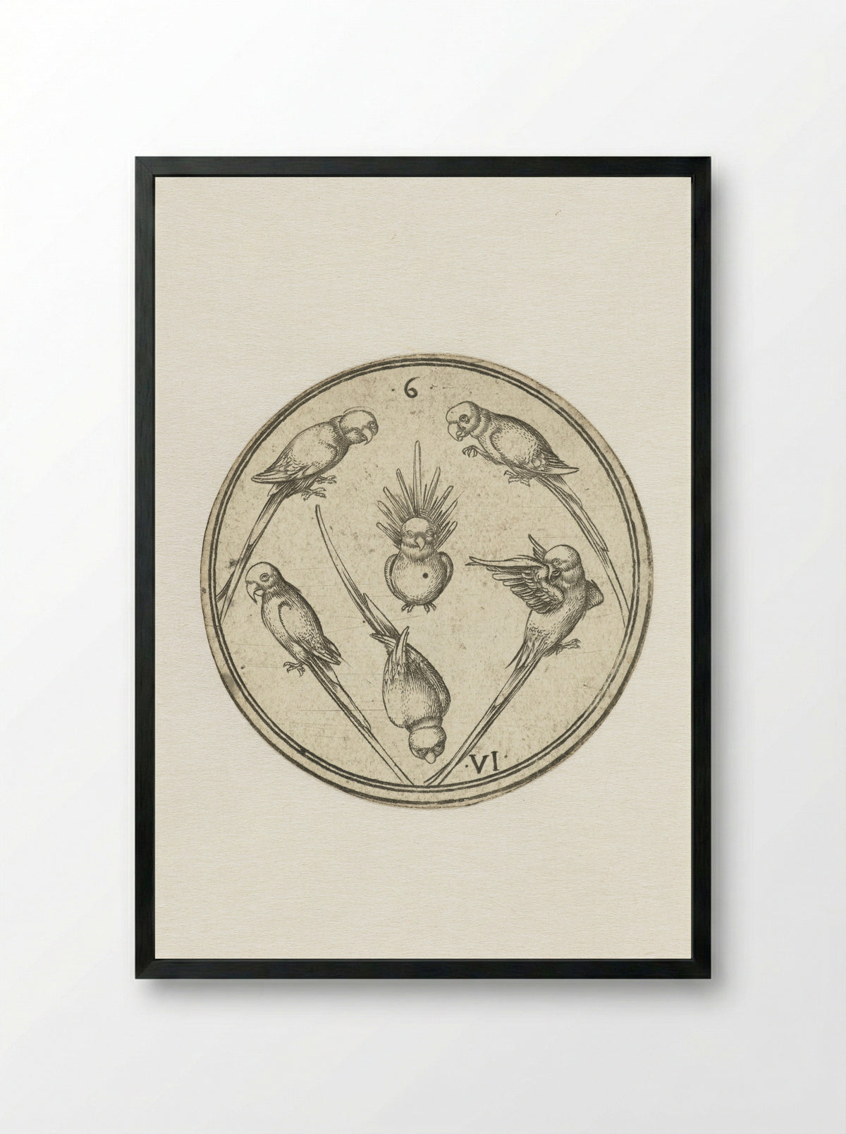 Speelkaart met zes papegaaien - Meester PW van Keulen - Framed Print Black