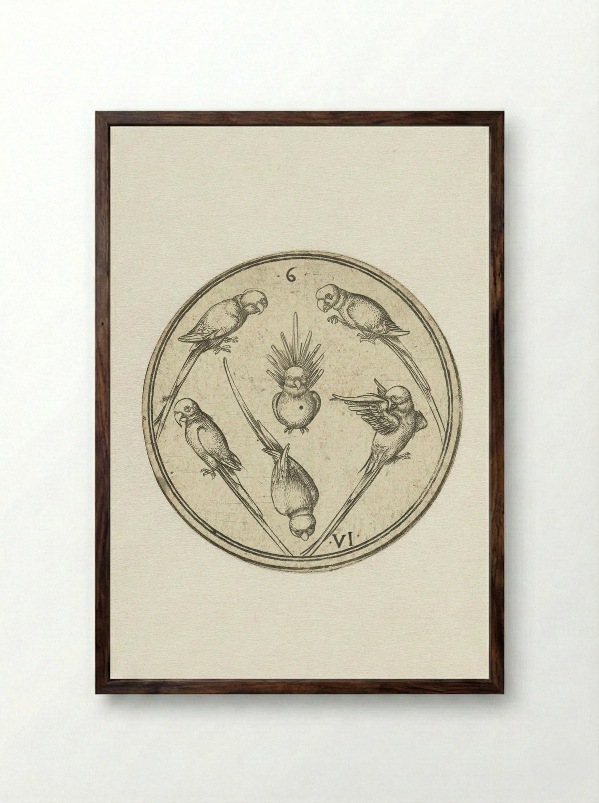 Speelkaart met zes papegaaien - Meester PW van Keulen - Framed Print Dark Wood