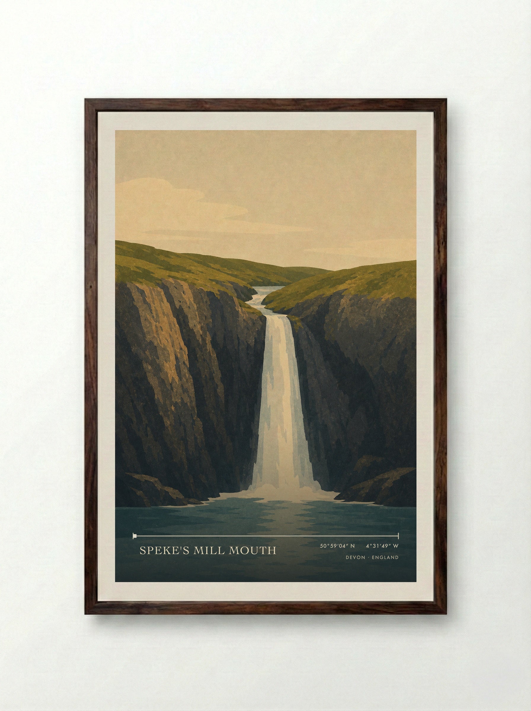 Speke's Mill Mouth Devon England Travel Poster - Framed Print Dark Wood