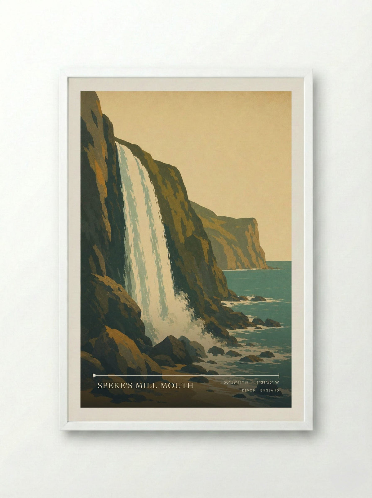Speke's Mill Mouth Devon England Travel Poster - Framed Print White