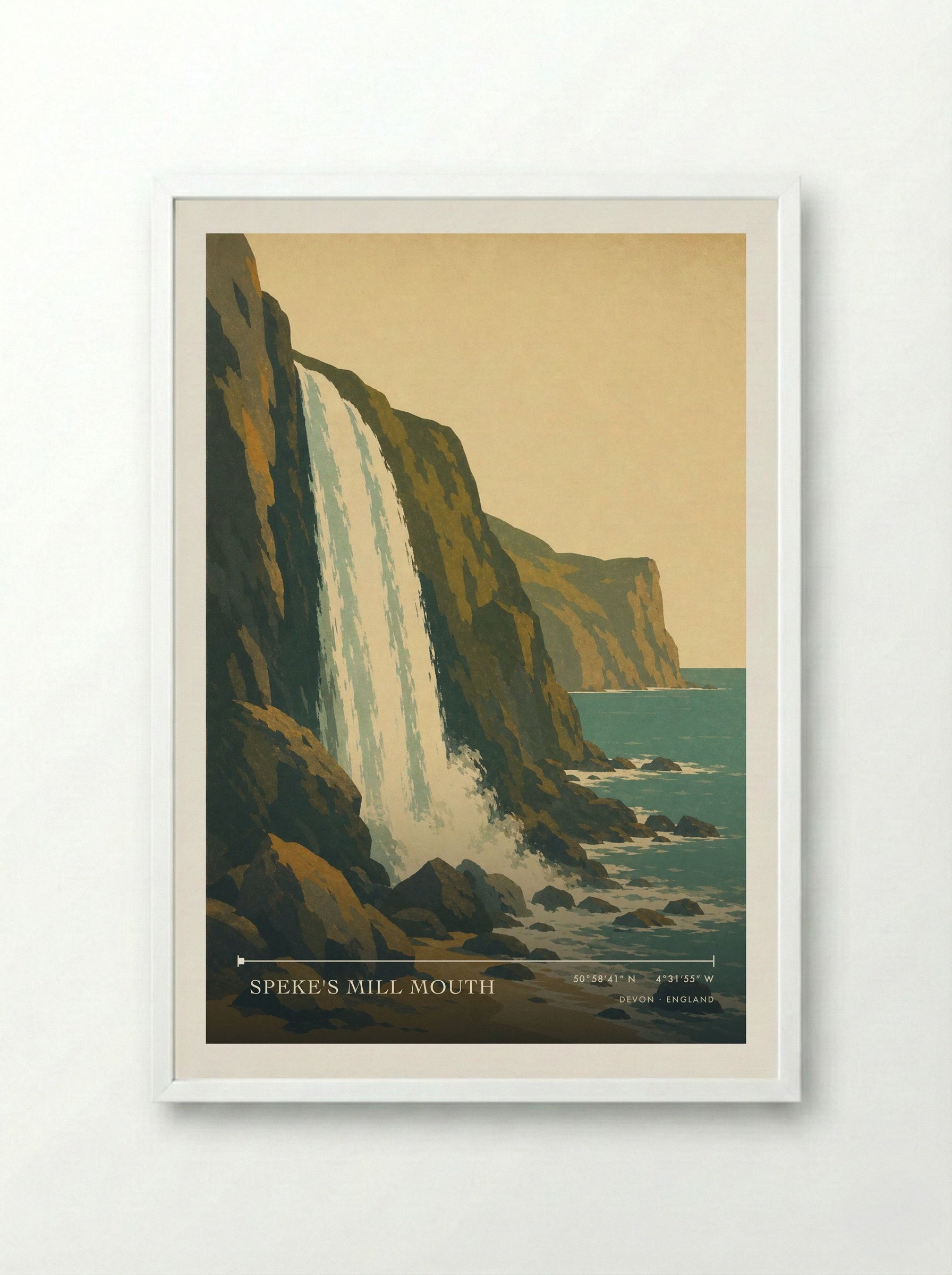 Speke's Mill Mouth Devon England Travel Poster - Framed Print White