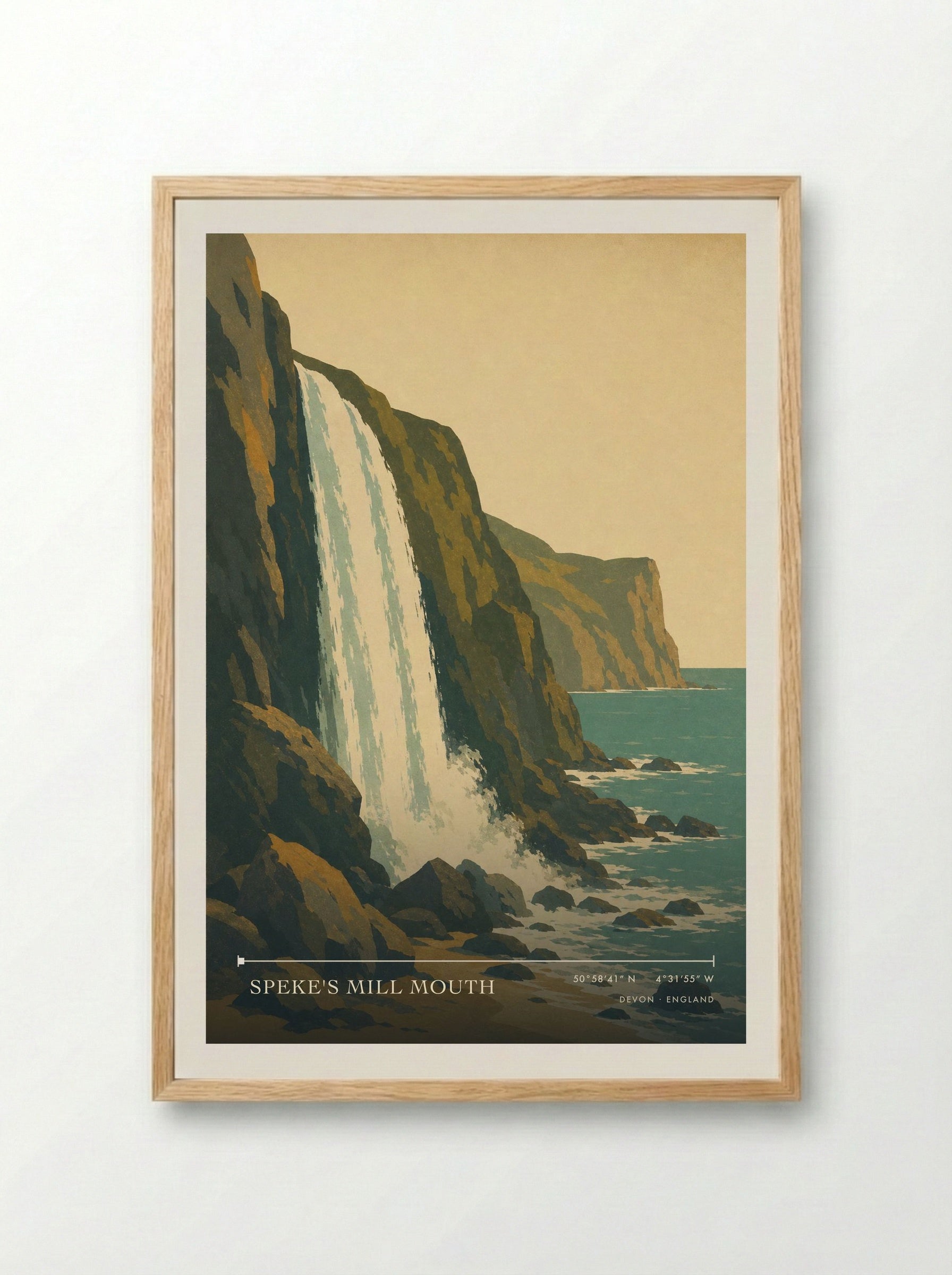 Speke's Mill Mouth Devon England Travel Poster - Framed Print Wood