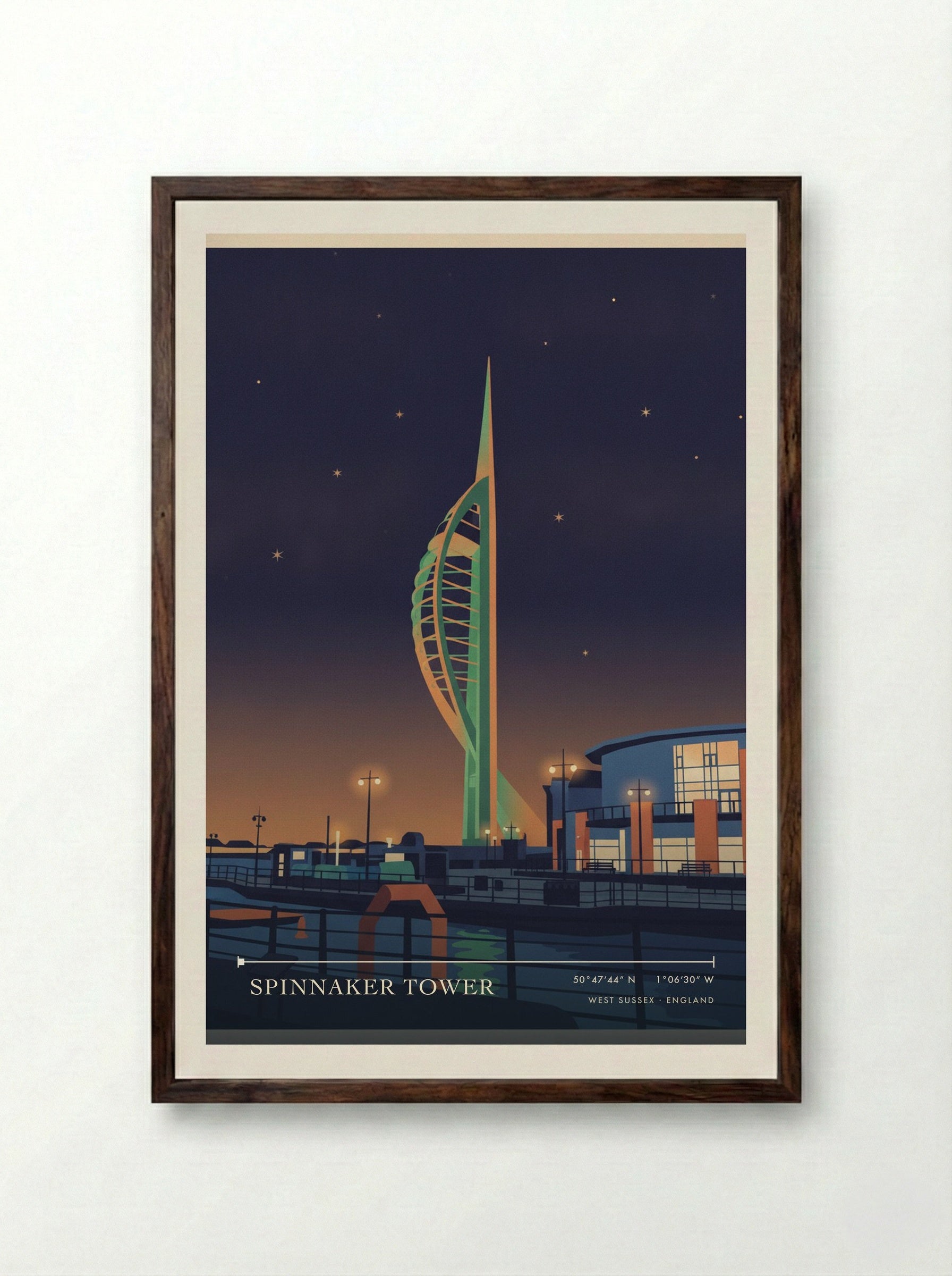 Spinnaker Tower West Sussex England Travel Poster - Framed Print Dark Wood