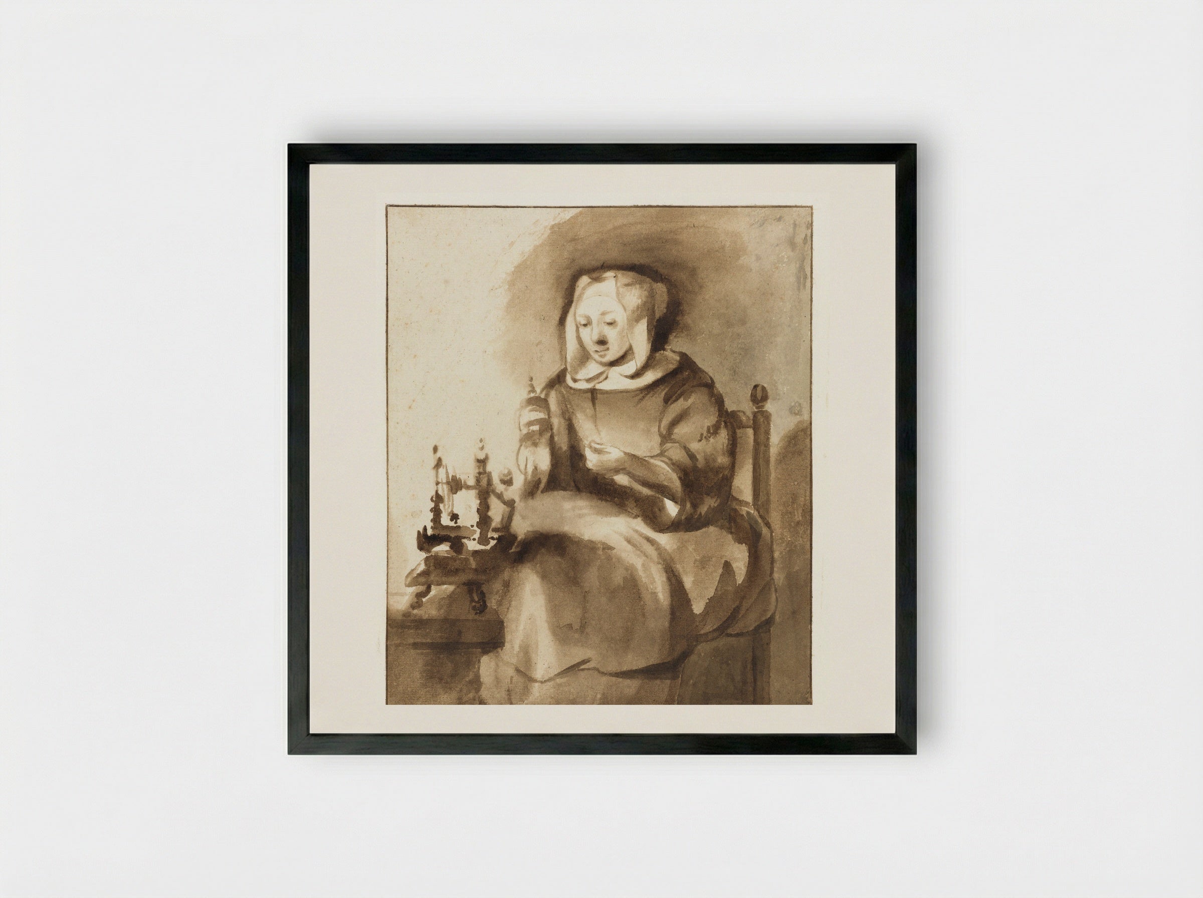 Spinnende vrouw (Woman Spinning) - Gerbrand van den Eeckhout - Framed Print Black