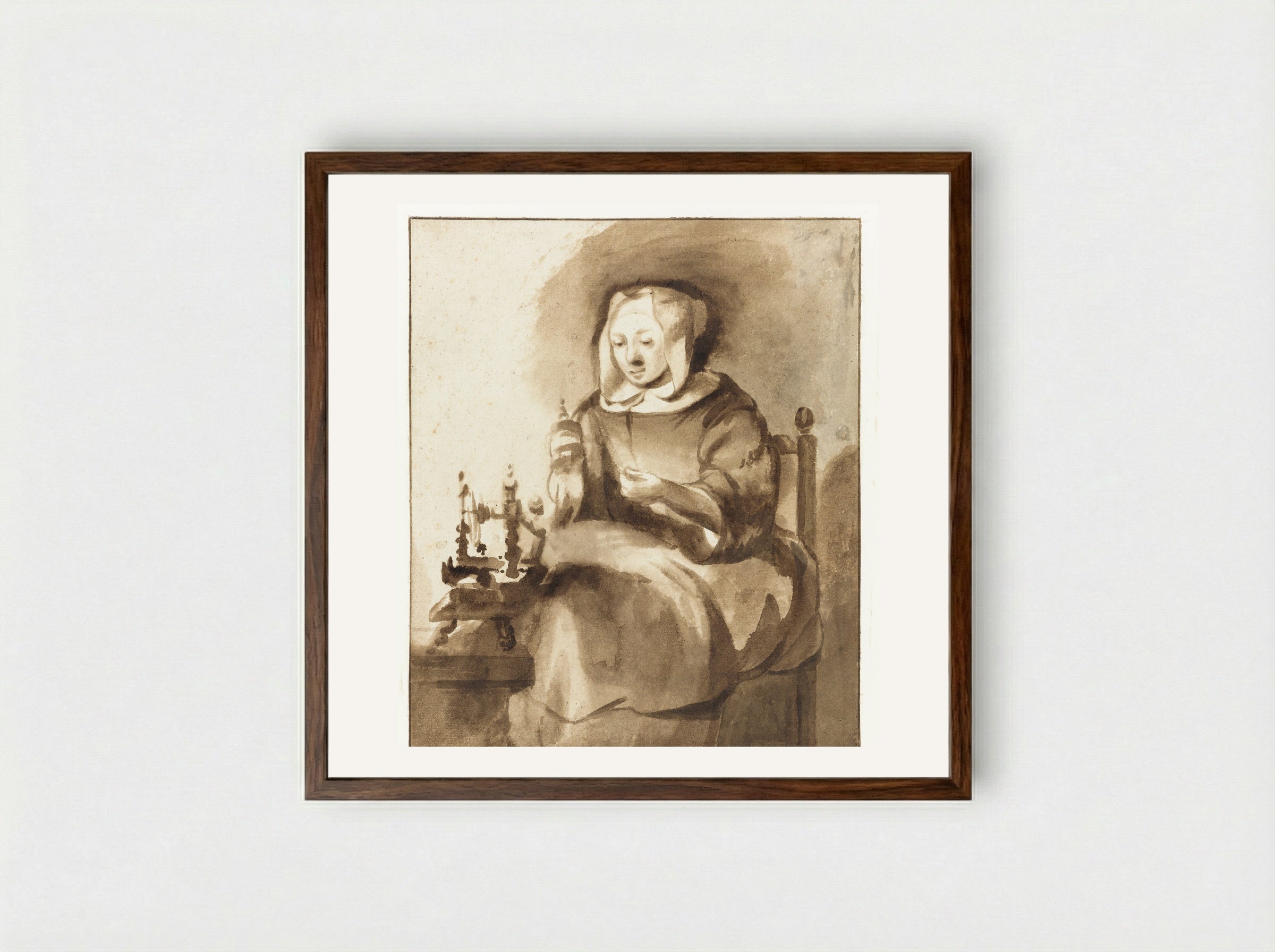 Spinnende vrouw (Woman Spinning) - Gerbrand van den Eeckhout - Framed Print Dark Wood