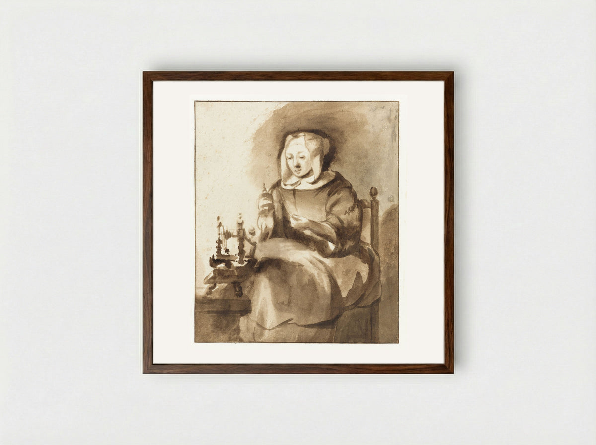 Spinnende vrouw (Woman Spinning) - Gerbrand van den Eeckhout - Framed Print Dark Wood