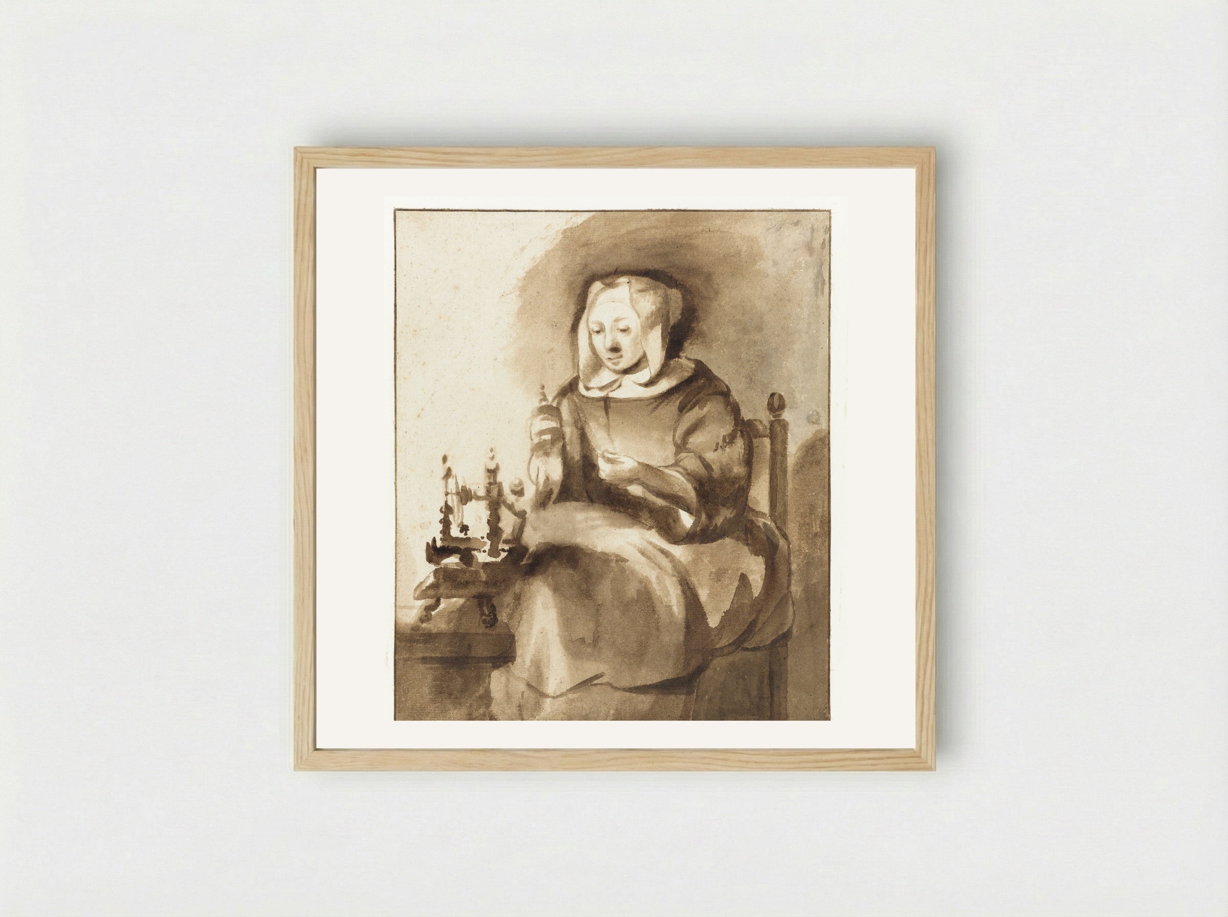 Spinnende vrouw (Woman Spinning) - Gerbrand van den Eeckhout - Framed Print Wood