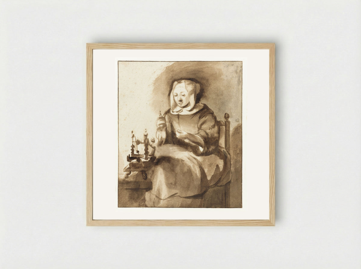Spinnende vrouw (Woman Spinning) - Gerbrand van den Eeckhout - Framed Print Wood