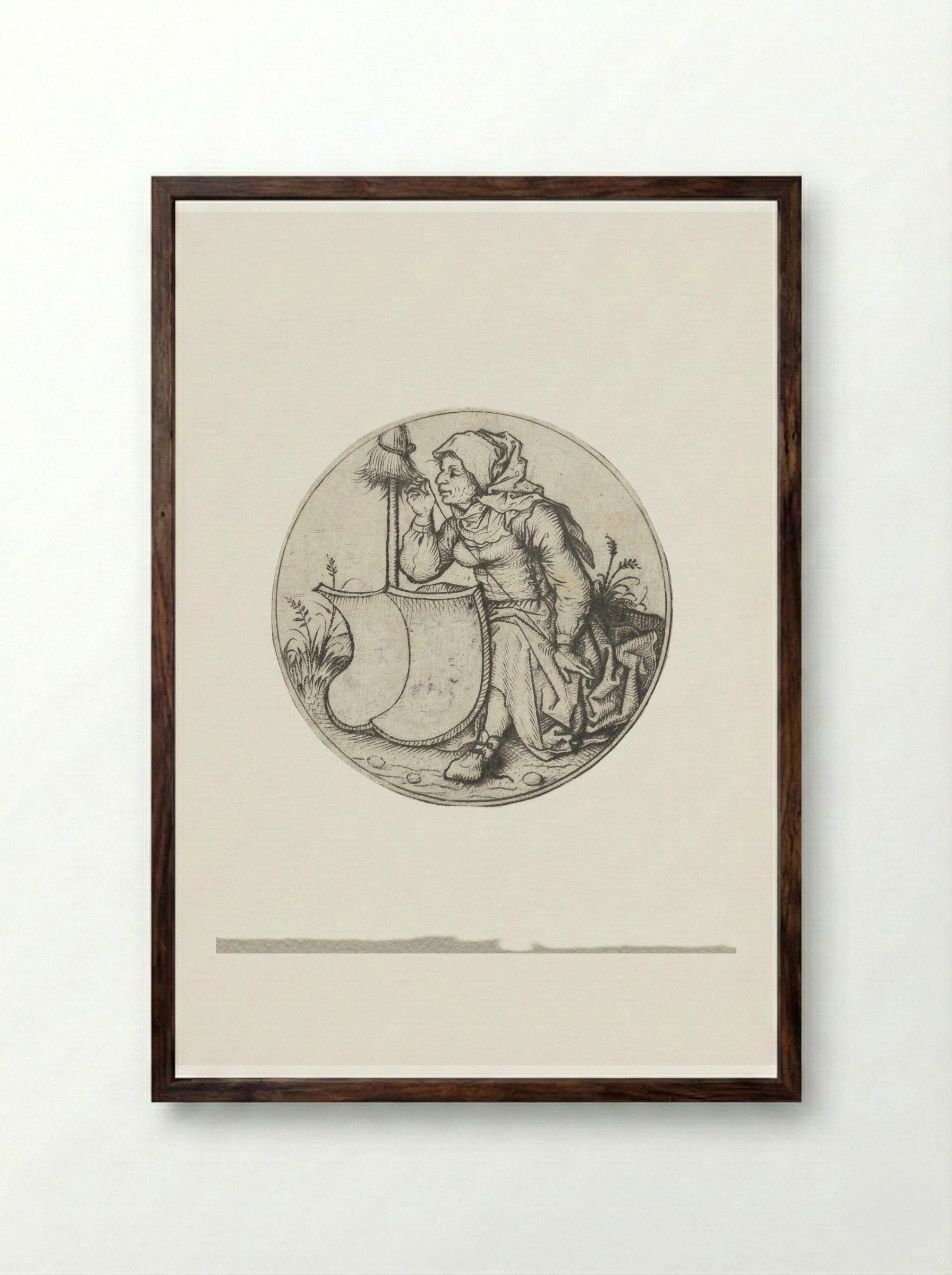 Spinning Peasant Woman with a Blank Coat of Arms - Master of the Amsterdam Cabinet - Framed Print Dark Wood