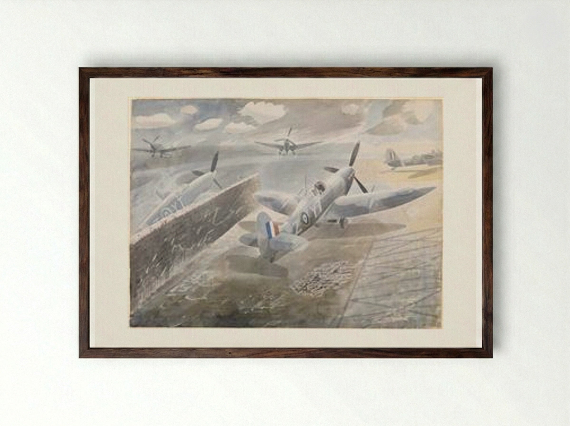 Spitfires at Sawbridgeworth - Eric Ravilious - Framed Print Dark Wood