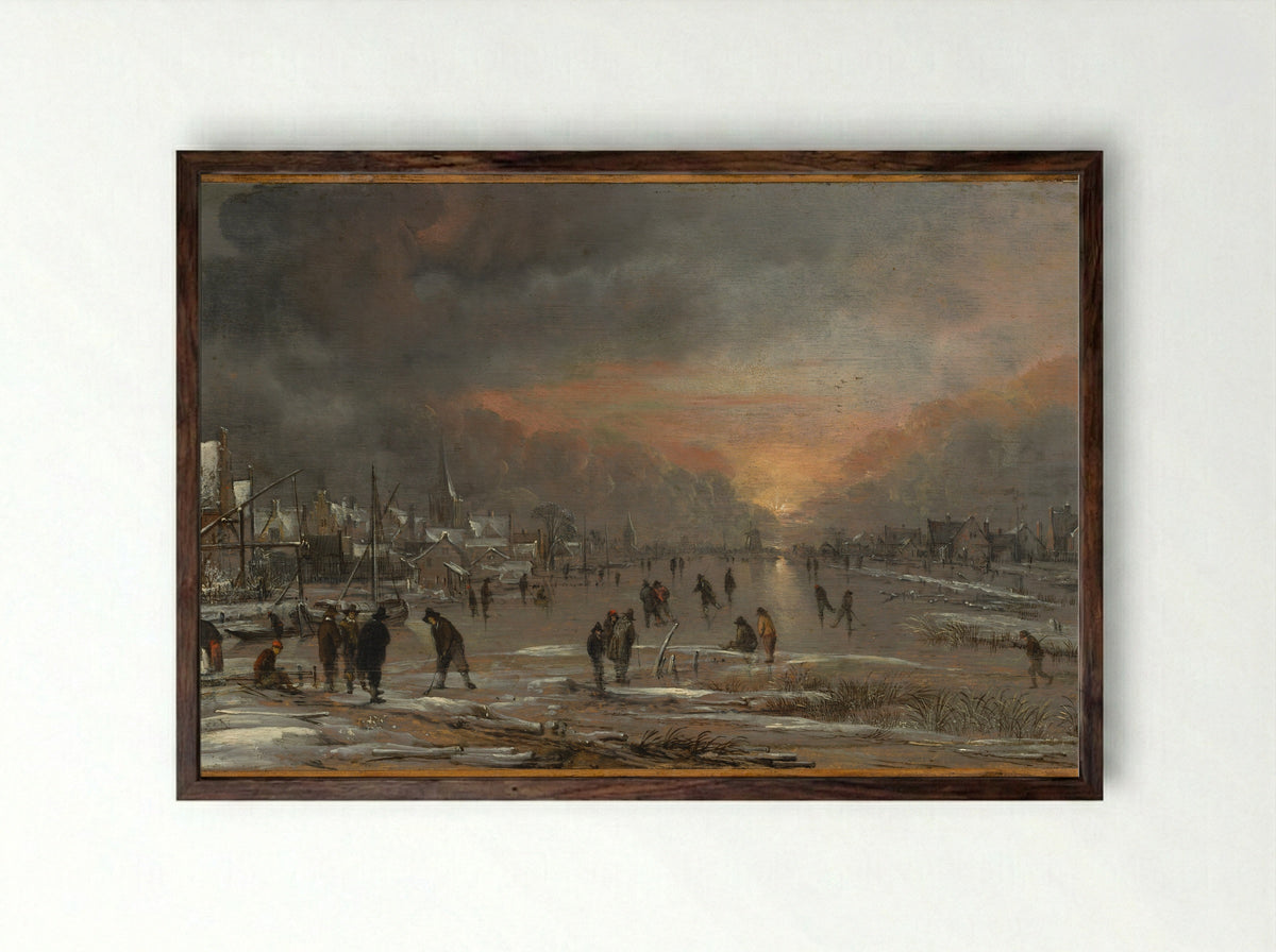 Sports on a Frozen River - Aert van der Neer - Framed Print Dark Wood