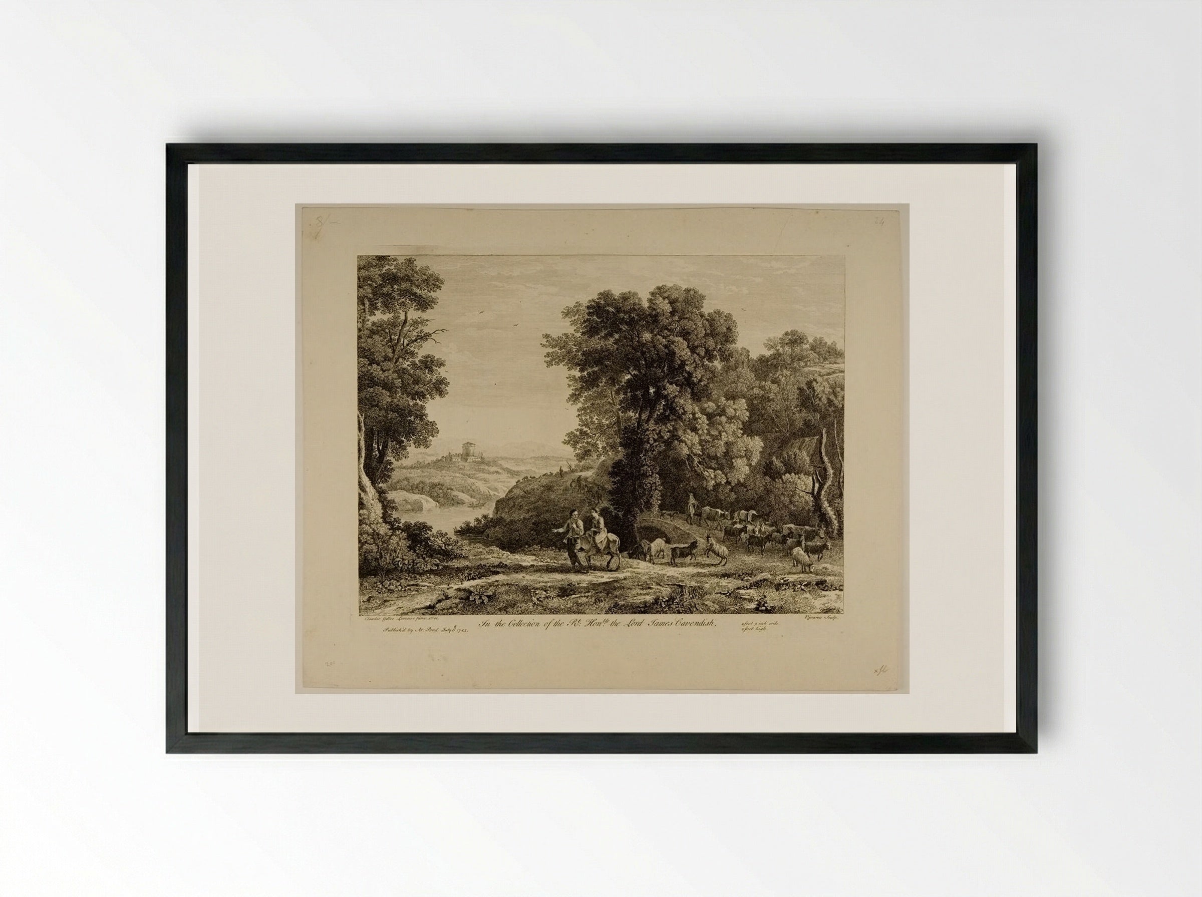 Sportsman Accompanied by a Woman on an Ass - François Vivares - Framed Print Black
