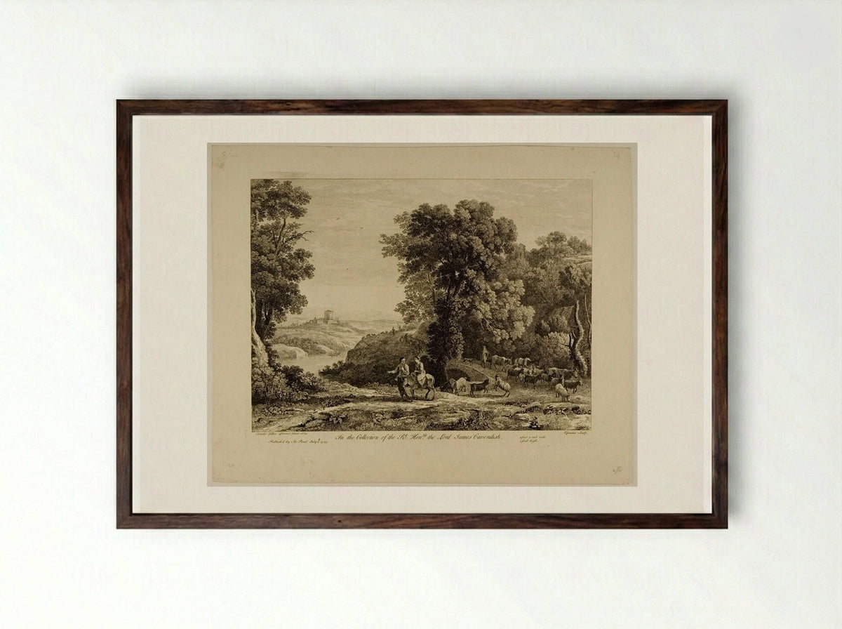 Sportsman Accompanied by a Woman on an Ass - François Vivares - Framed Print Dark Wood