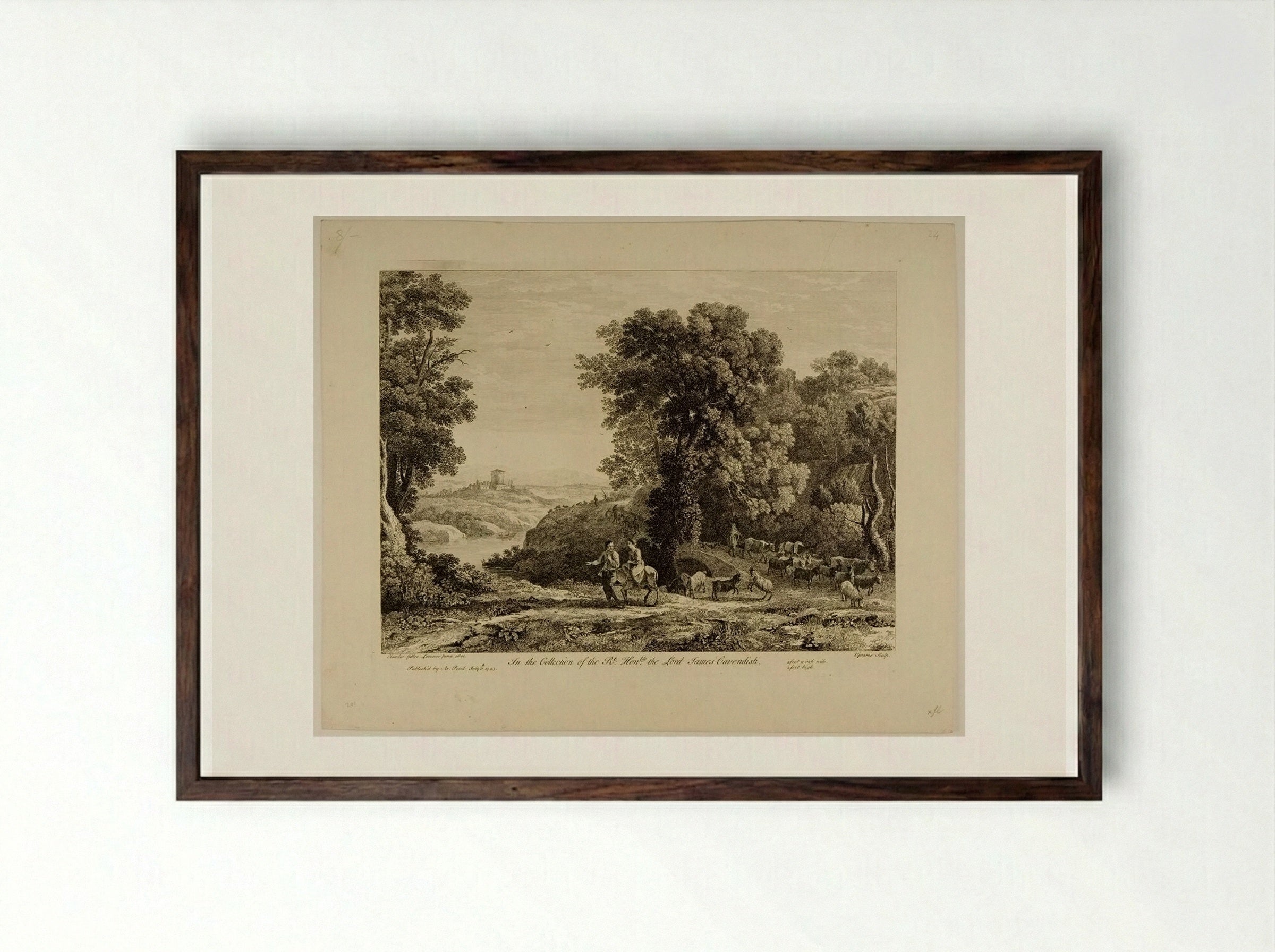 Sportsman Accompanied by a Woman on an Ass - François Vivares - Framed Print Dark Wood