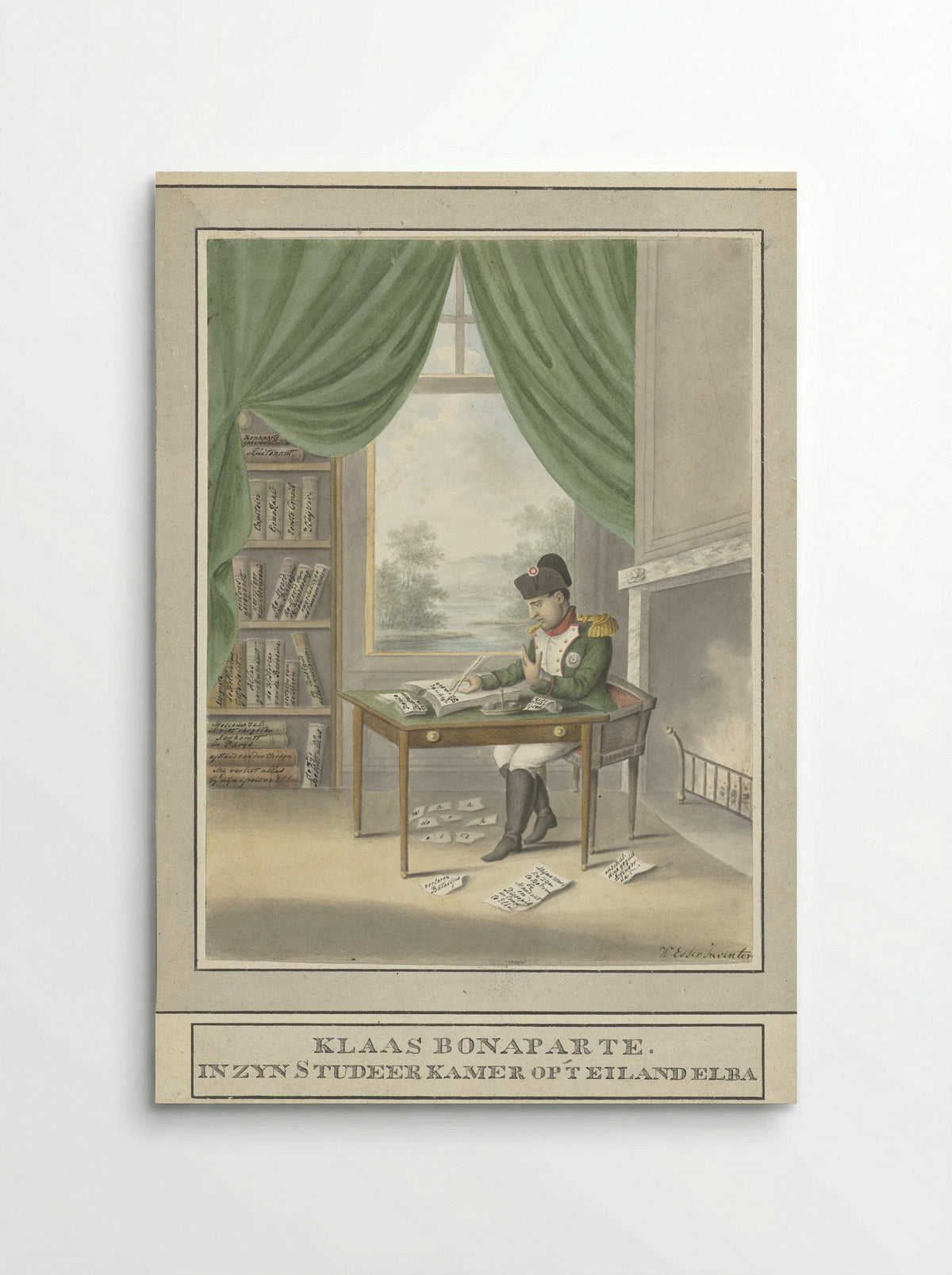 Spotprent op Napoleon: Klaas Bonaparte in zijn studeervertrek op 't eiland Elba - Wijnand Esser - Poster