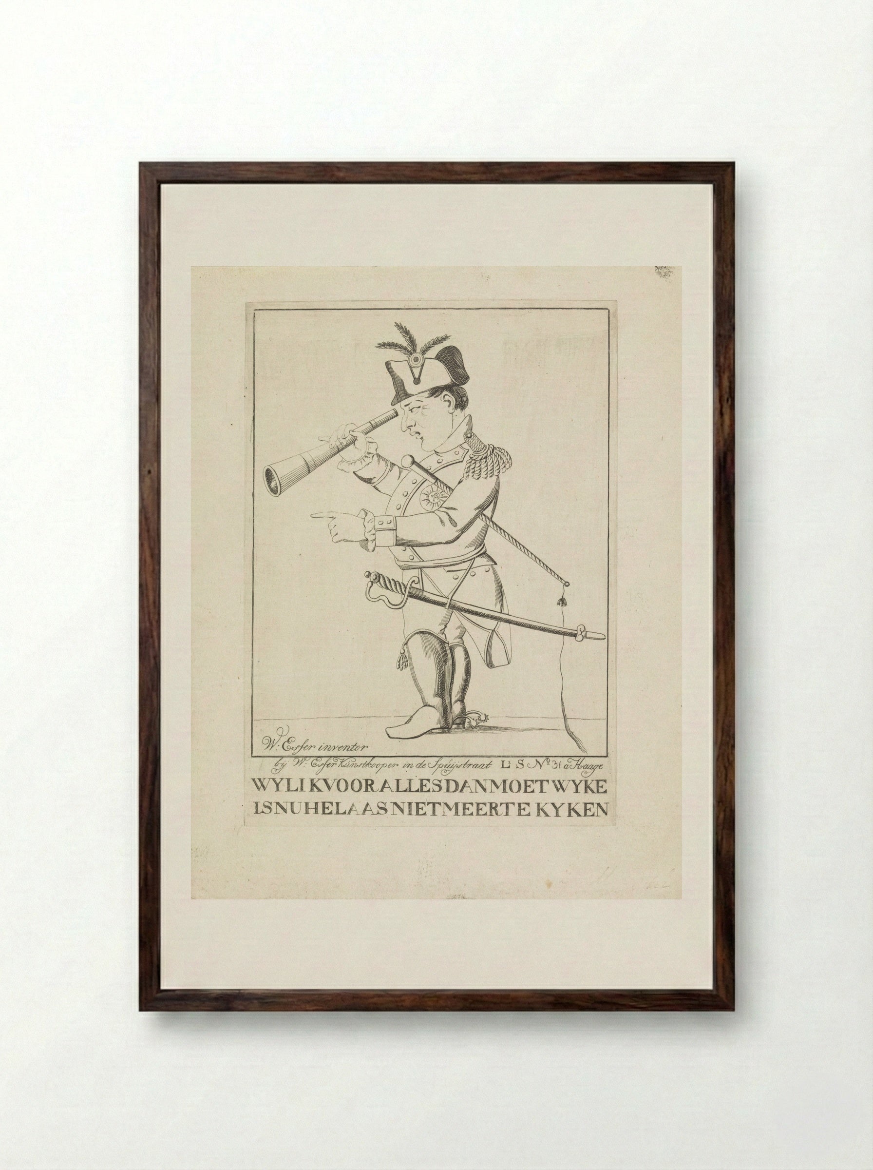 Spotprent op Napoleons verbanning naar Elba - Wijnand Esser - Framed Print Dark Wood