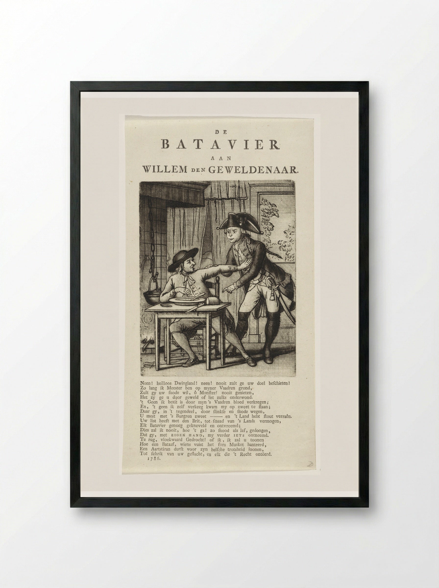 Spotprent op Willem V die een Gelderse boer zijn eten wil afnemen - Johannes Jelgerhuis - Framed Print Black