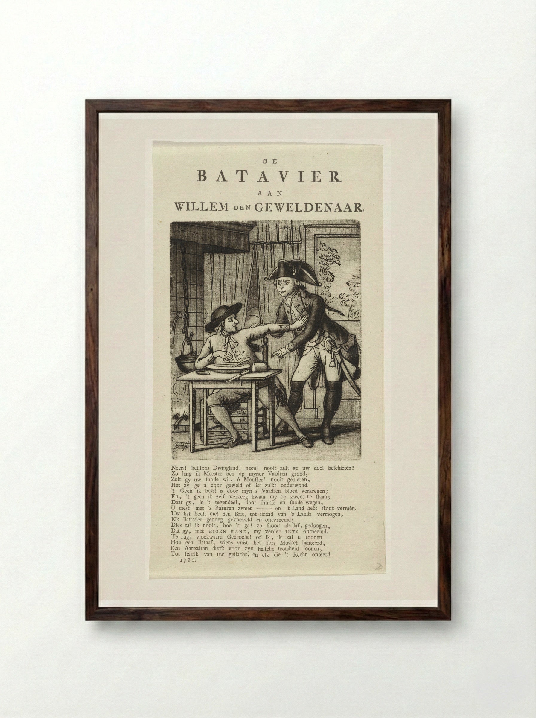 Spotprent op Willem V die een Gelderse boer zijn eten wil afnemen - Johannes Jelgerhuis - Framed Print Dark Wood