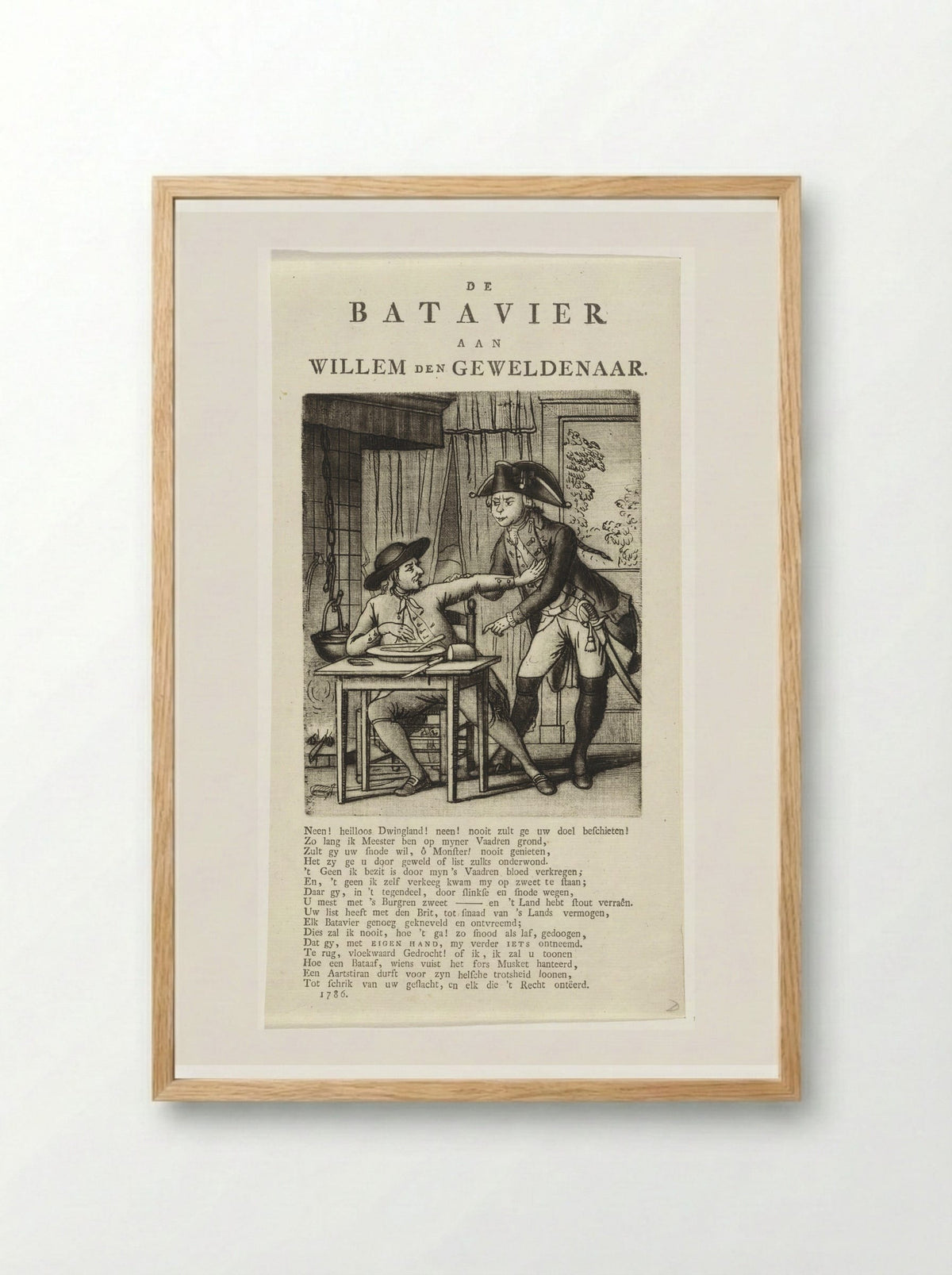 Spotprent op Willem V die een Gelderse boer zijn eten wil afnemen - Johannes Jelgerhuis - Framed Print Wood