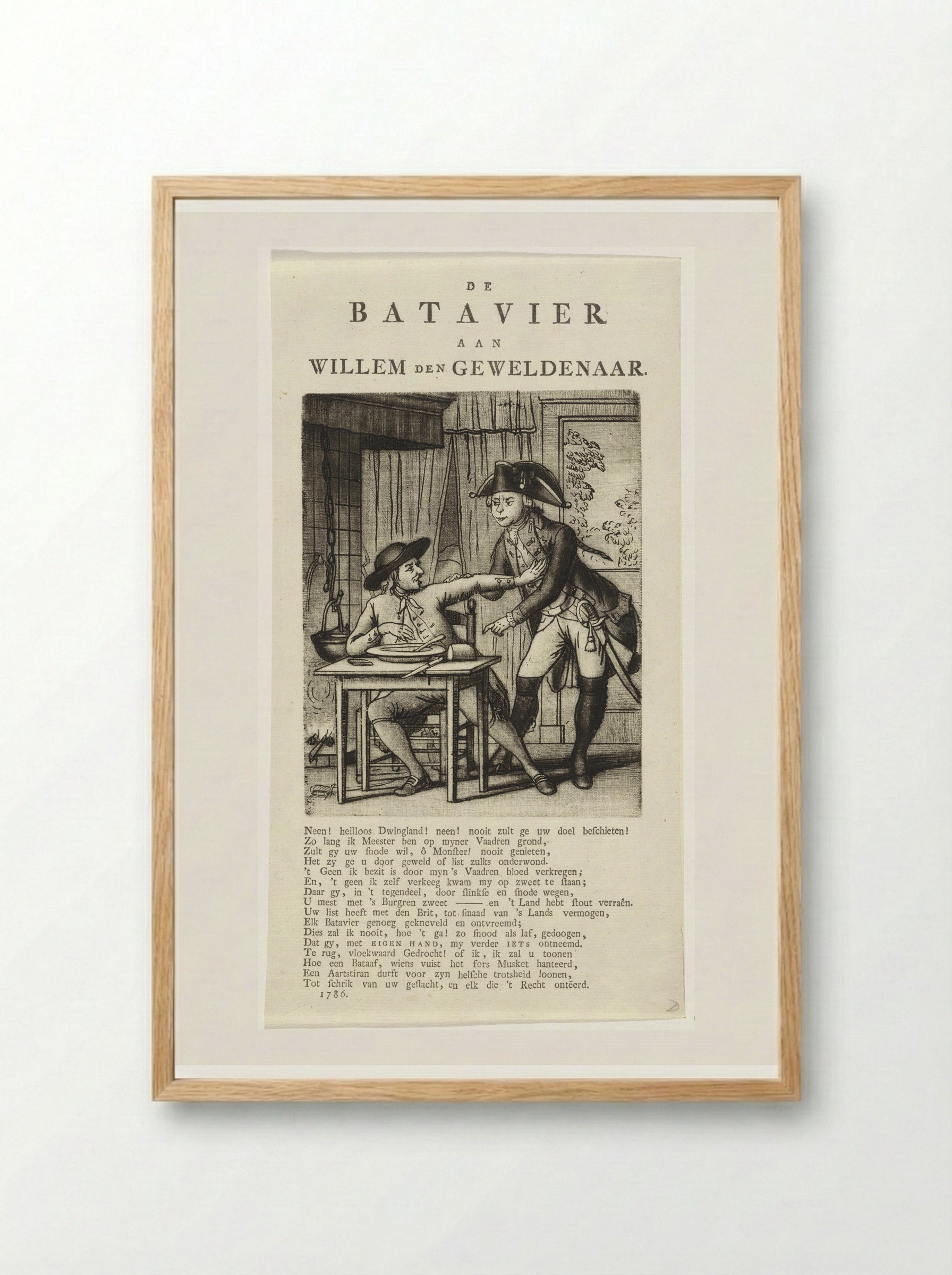 Spotprent op Willem V die een Gelderse boer zijn eten wil afnemen - Johannes Jelgerhuis - Framed Print Wood