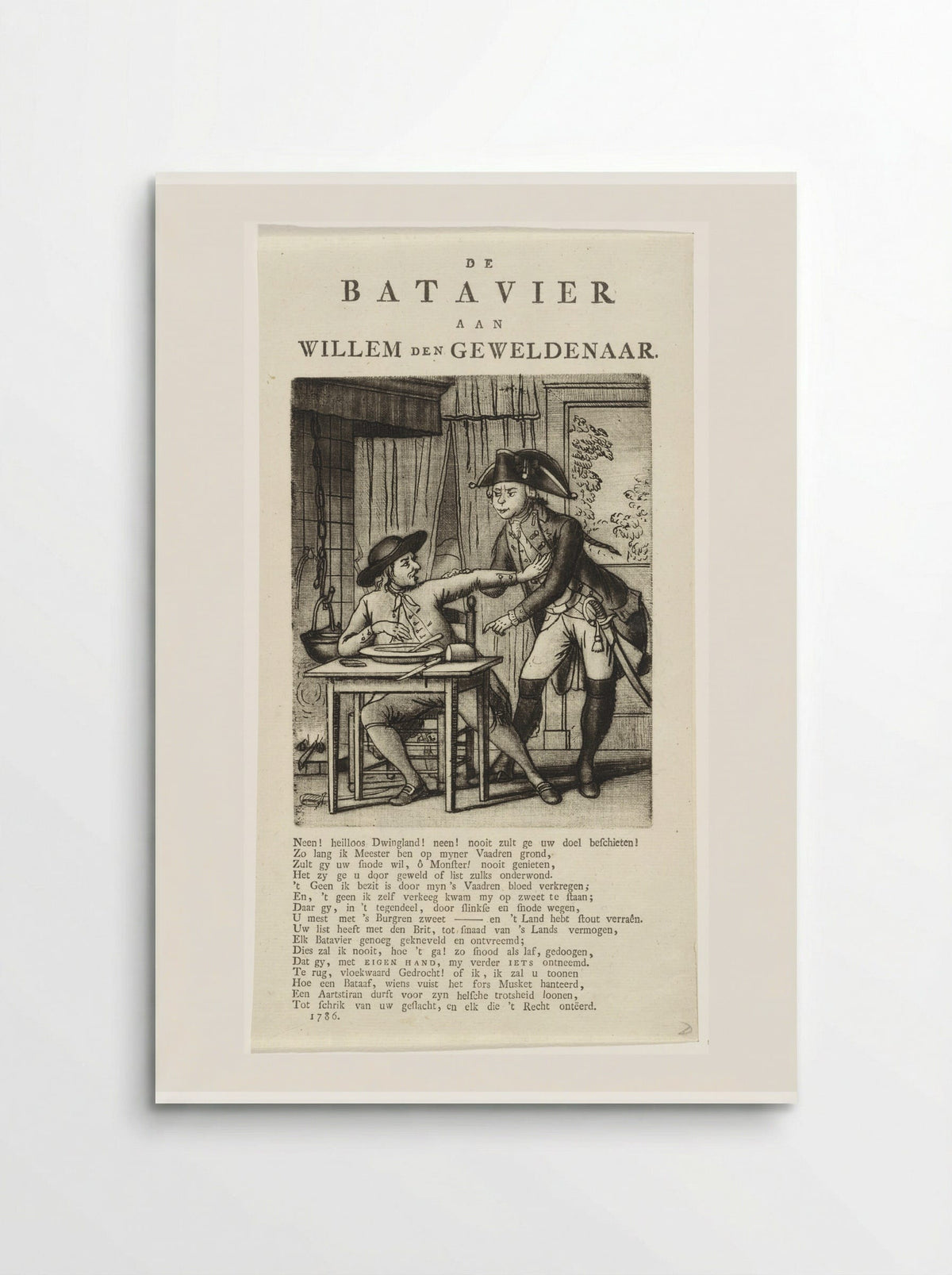 Spotprent op Willem V die een Gelderse boer zijn eten wil afnemen - Johannes Jelgerhuis - Poster