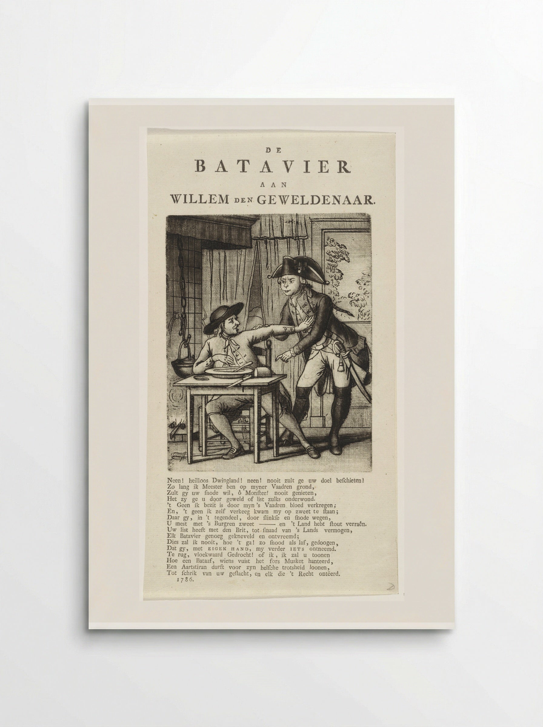 Spotprent op Willem V die een Gelderse boer zijn eten wil afnemen - Johannes Jelgerhuis - Poster