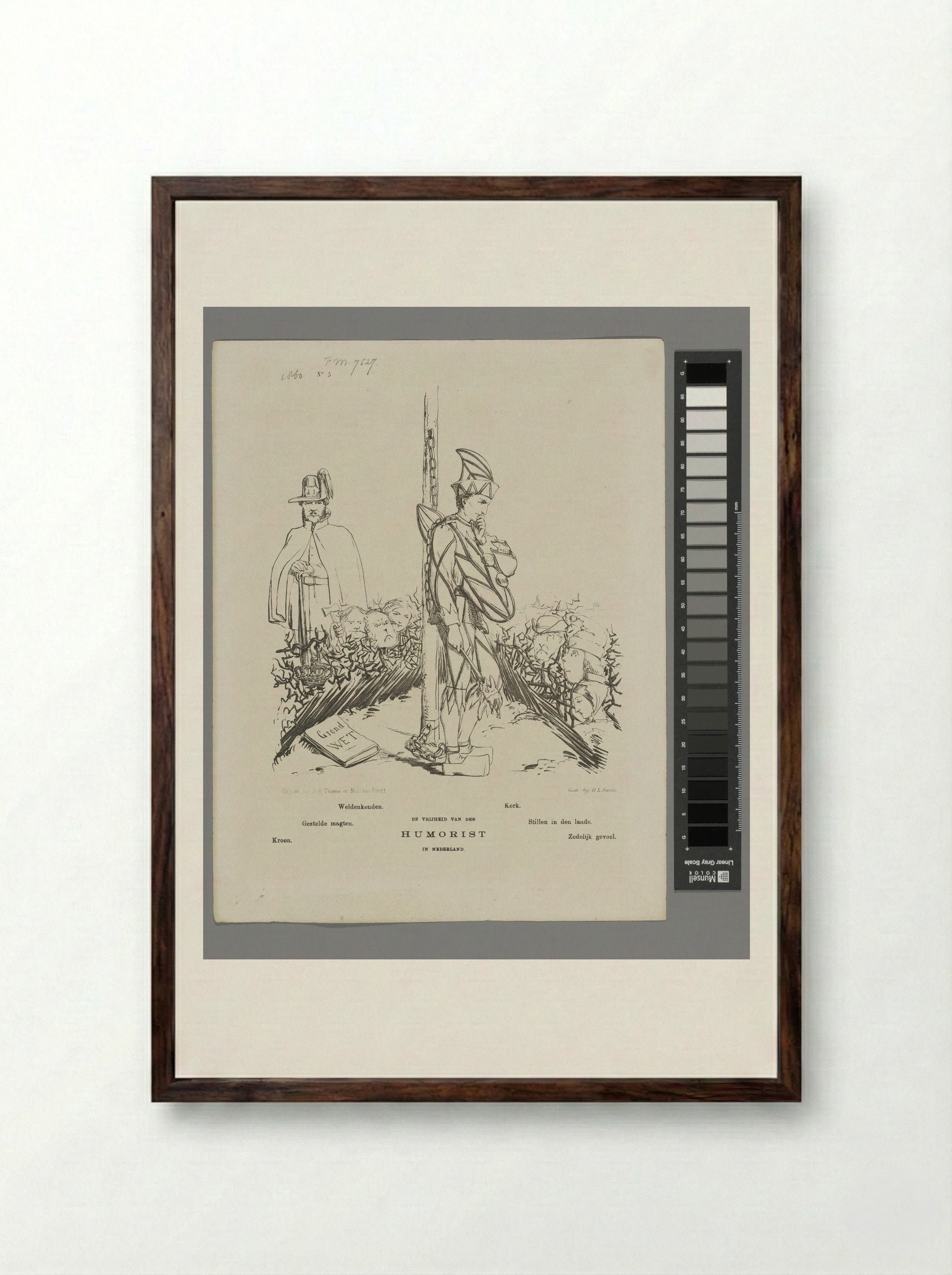 Spotprent op de beperkte vrijheid van meningsuiting voor de humorist - Johan Michaël Schmidt Crans - Framed Print Dark Wood