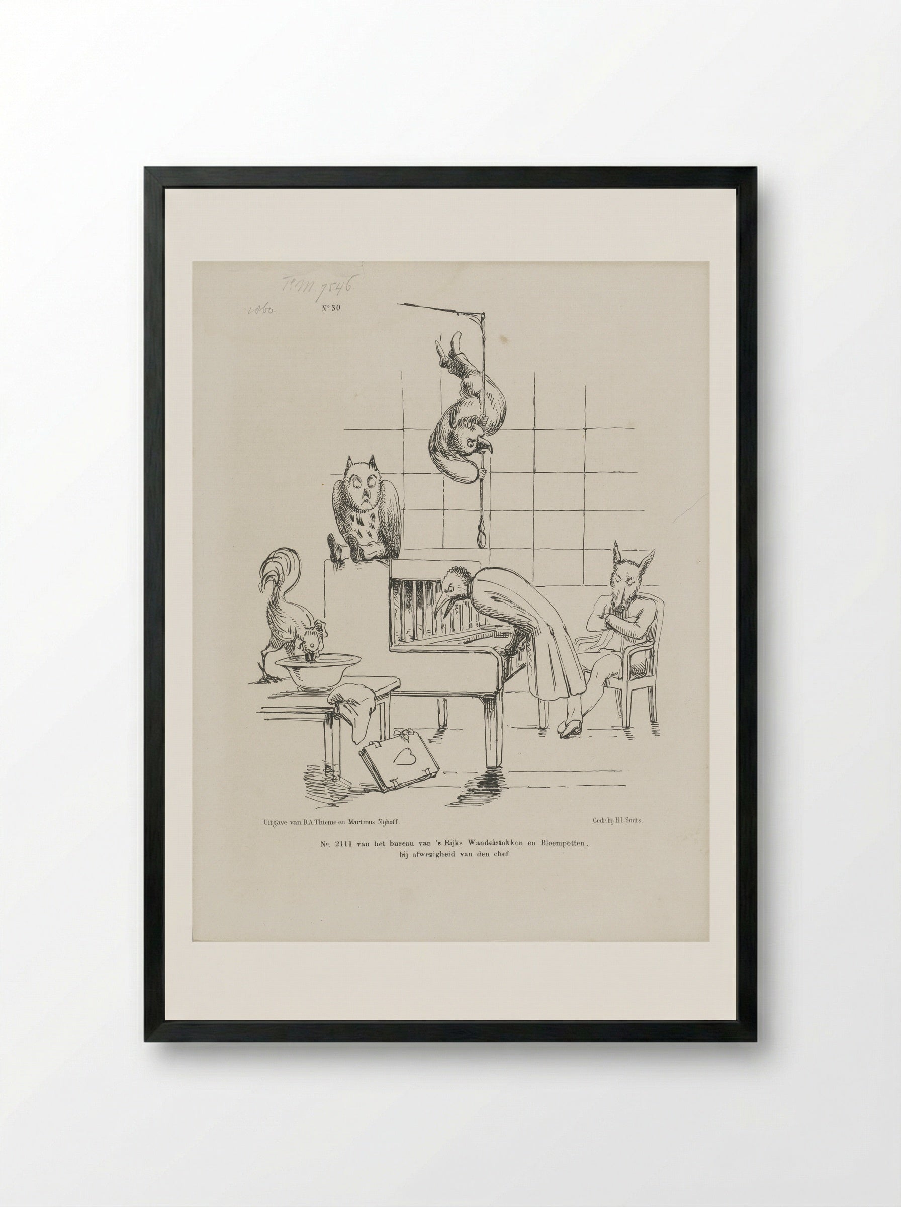 Spotprent op ledigheid van ambtenaren bij afwezigheid van de chef - Johan Michaël Schmidt Crans - Framed Print Black