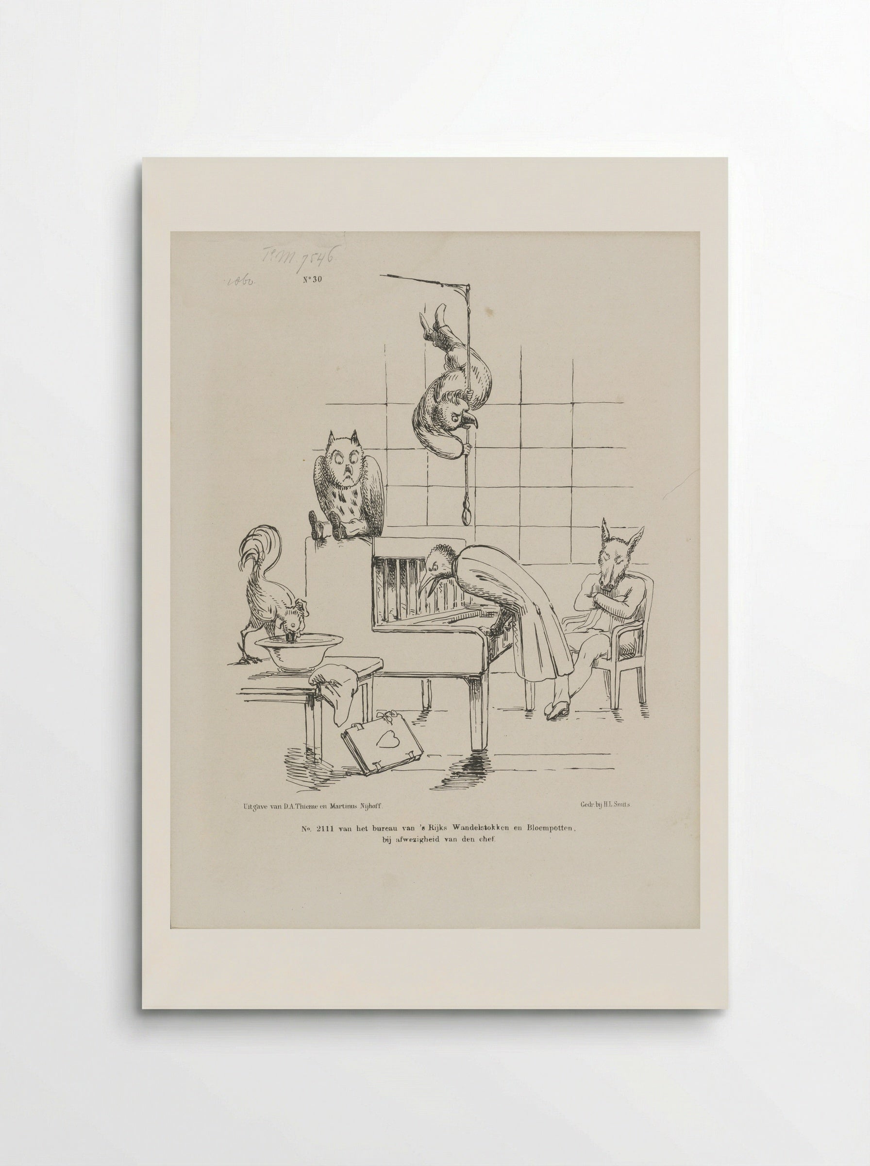 Spotprent op ledigheid van ambtenaren bij afwezigheid van de chef - Johan Michaël Schmidt Crans - Poster