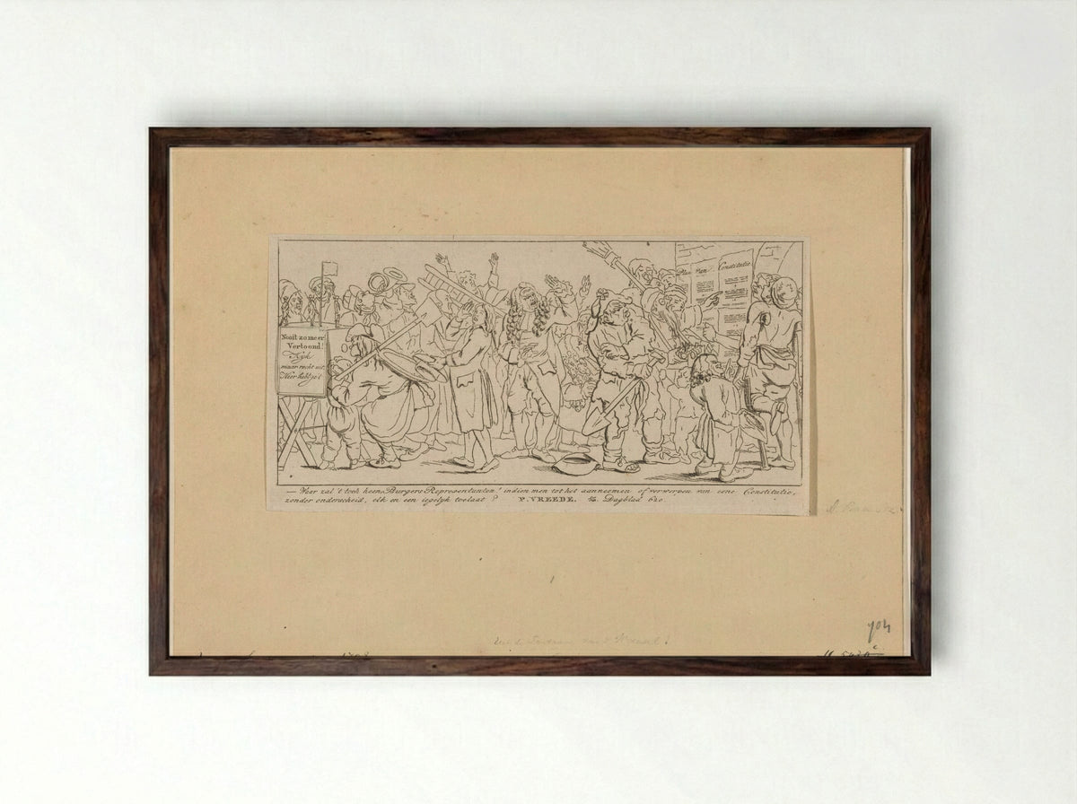 Spotprent op verwerping van het Plan van Constitutie - Pieter van Woensel - Framed Print Dark Wood