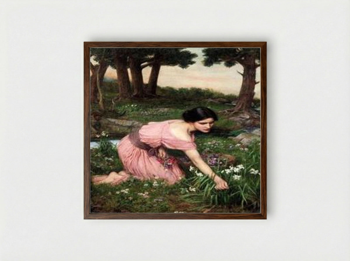 Spring Spreads One Green Lap of Flowers - John William Waterhouse - Framed Print Dark Wood