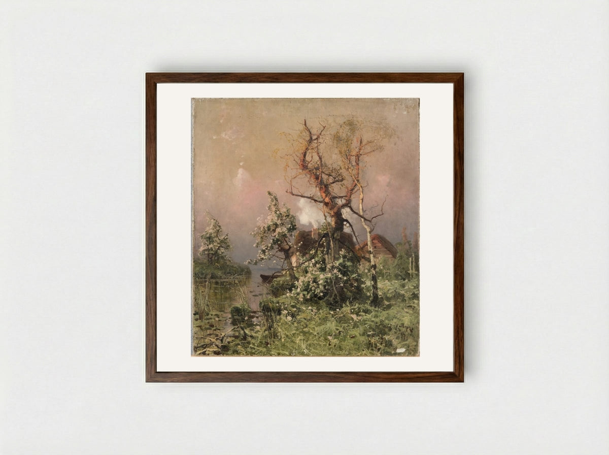 Springtime at the Riverbank - Julius Sergius von Klever - Framed Print Dark Wood