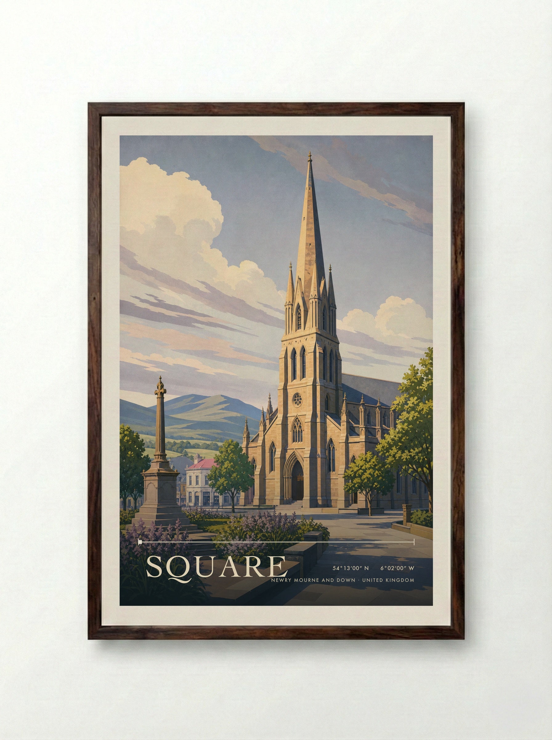 Square Newry Mourne and Down United Kingdom Travel Poster - Framed Print Dark Wood