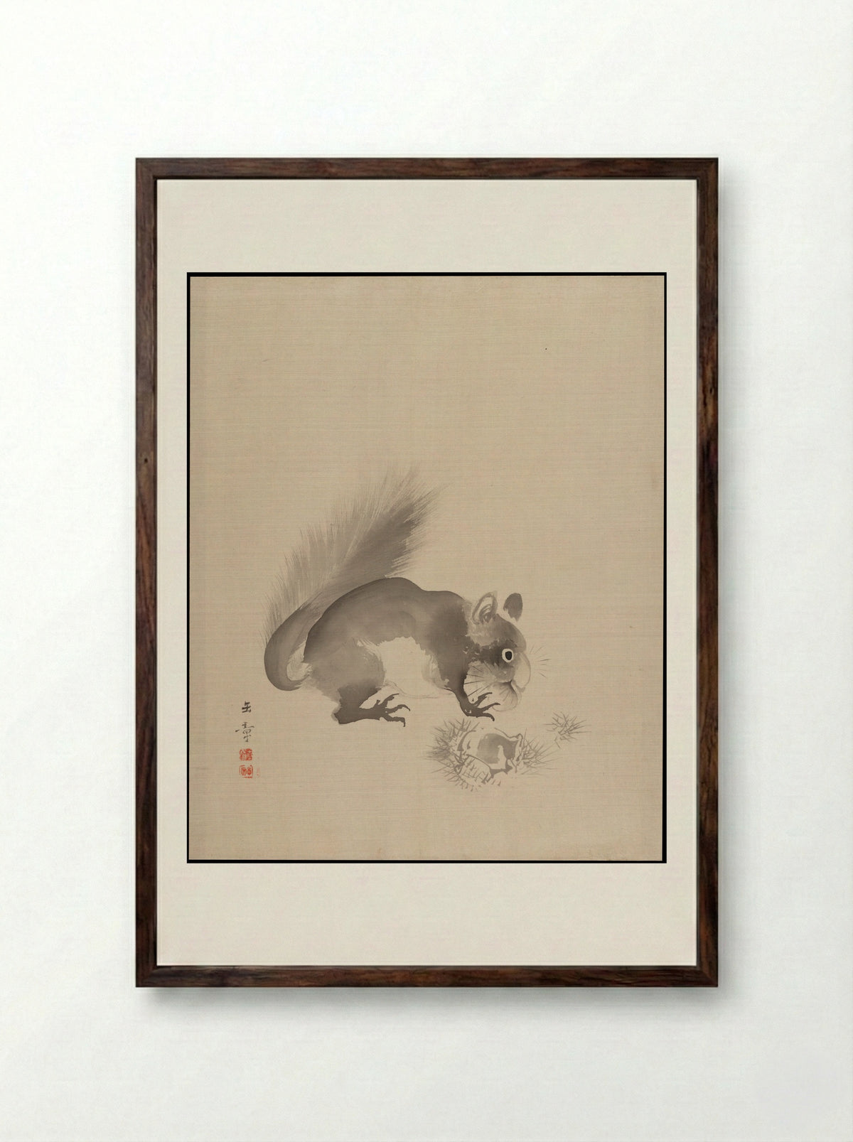 Squirrel Eating Chestnuts - Kawabata Gyokushō - Framed Print Dark Wood
