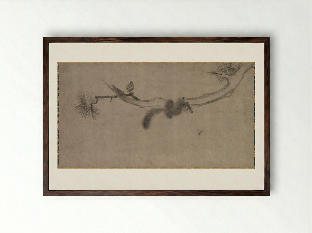 Squirrel on a Pine Branch - Song Tian - Framed Print Dark Wood