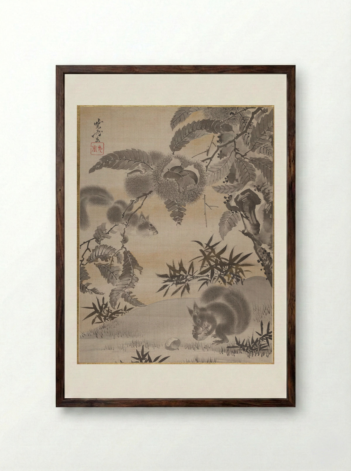 Squirrels Gathering Chestnuts - Kawanabe Kyōsai - Framed Print Dark Wood