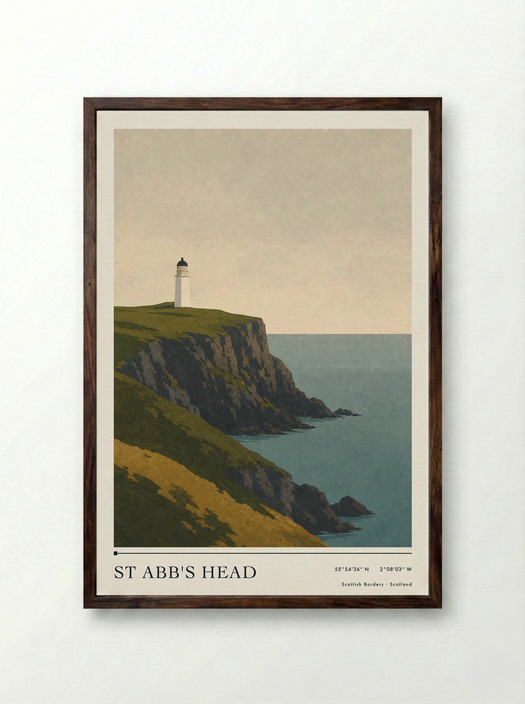 St Abb's Head Travel Poster Artwork - Framed Print Dark Wood