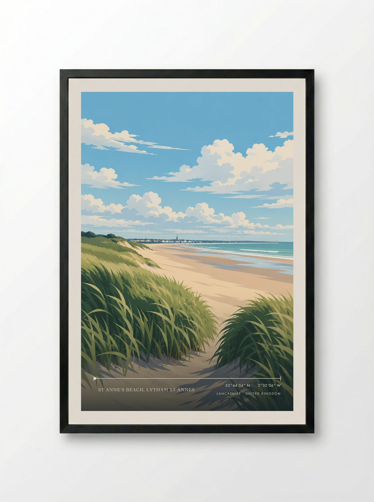 St Anne's Beach, Lytham St Annes, Lancashire | Travel Poster - Framed Print Black