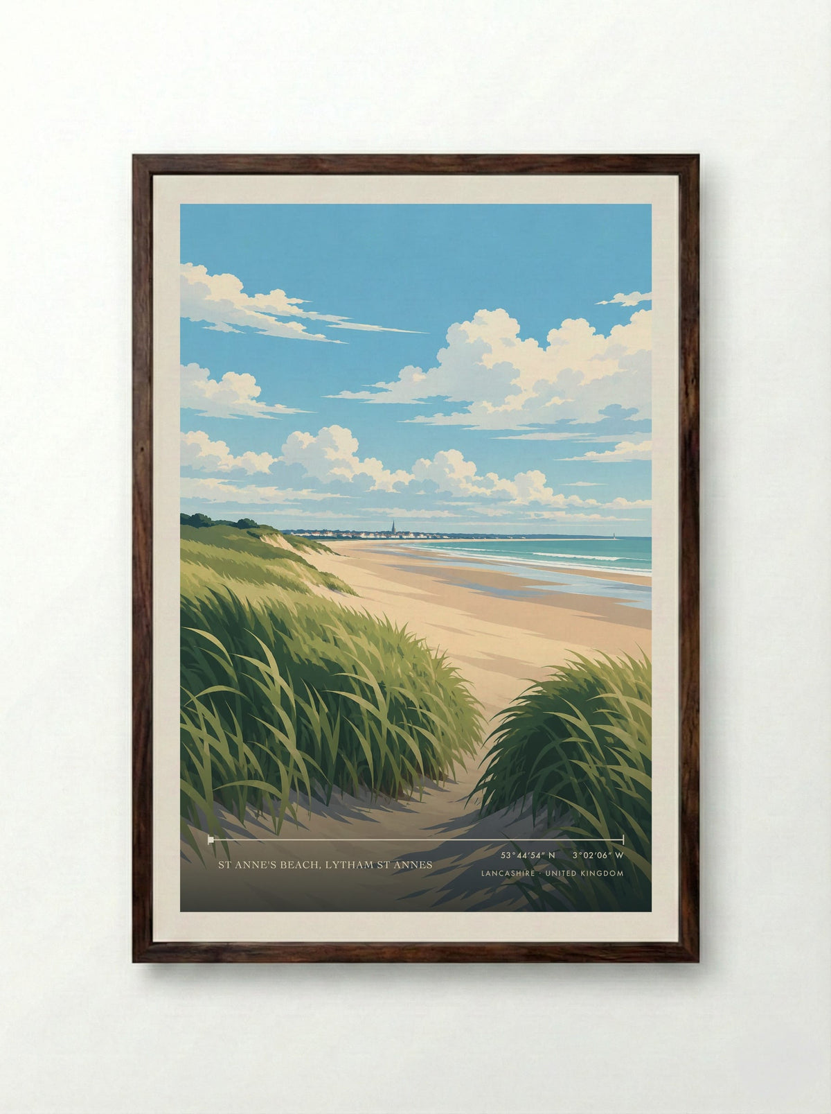 St Anne's Beach, Lytham St Annes, Lancashire | Travel Poster - Framed Print Dark Wood