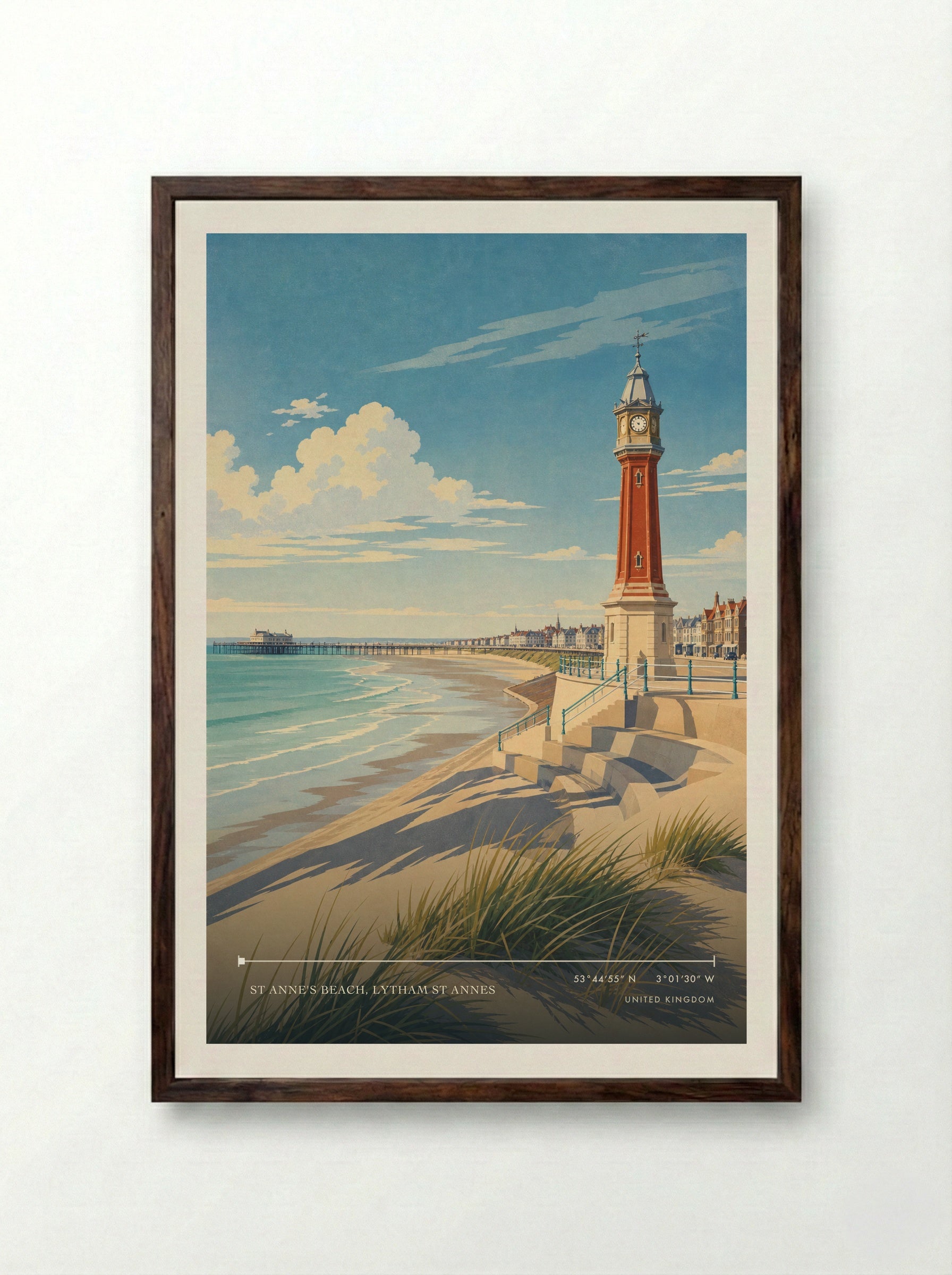 St Anne's Beach, Lytham St Annes United Kingdom Travel Poster - Framed Print Dark Wood