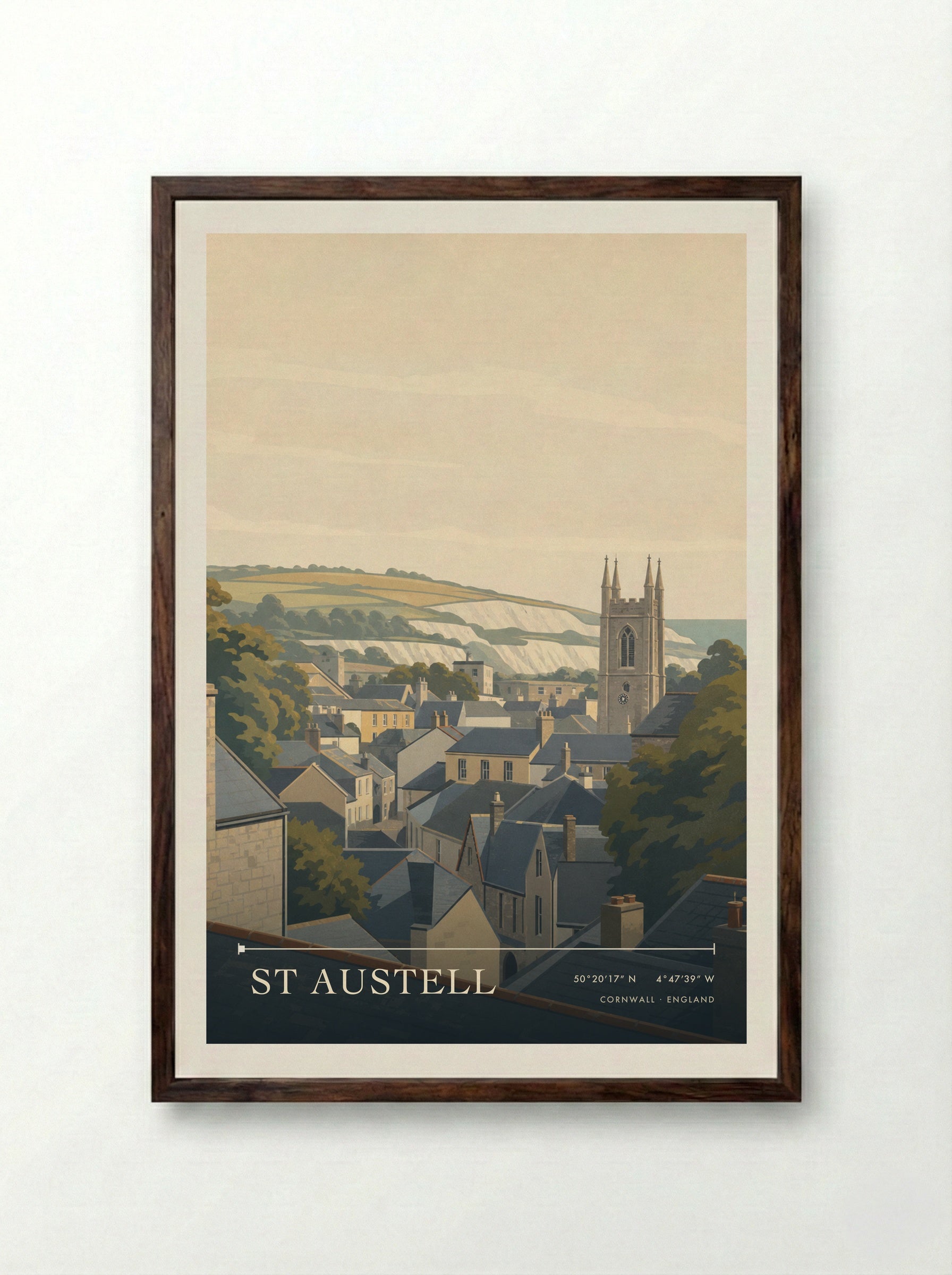 St Austell Cornwall England Travel Poster - Framed Print Dark Wood